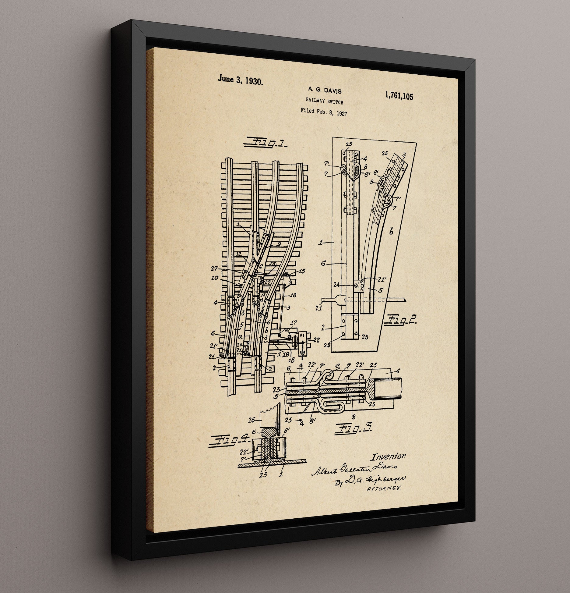 Patent Print - Railway Switch - Albert Gaustin Davis - 1930 - Patent 1761105 Patent Wall Art