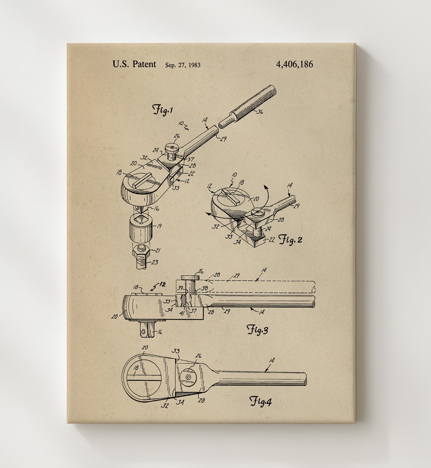 Patent Print - Ratchet Socket Wrench - Mechanical Hand Tool - 1983 - Patent 4406186 Patent Wall Art