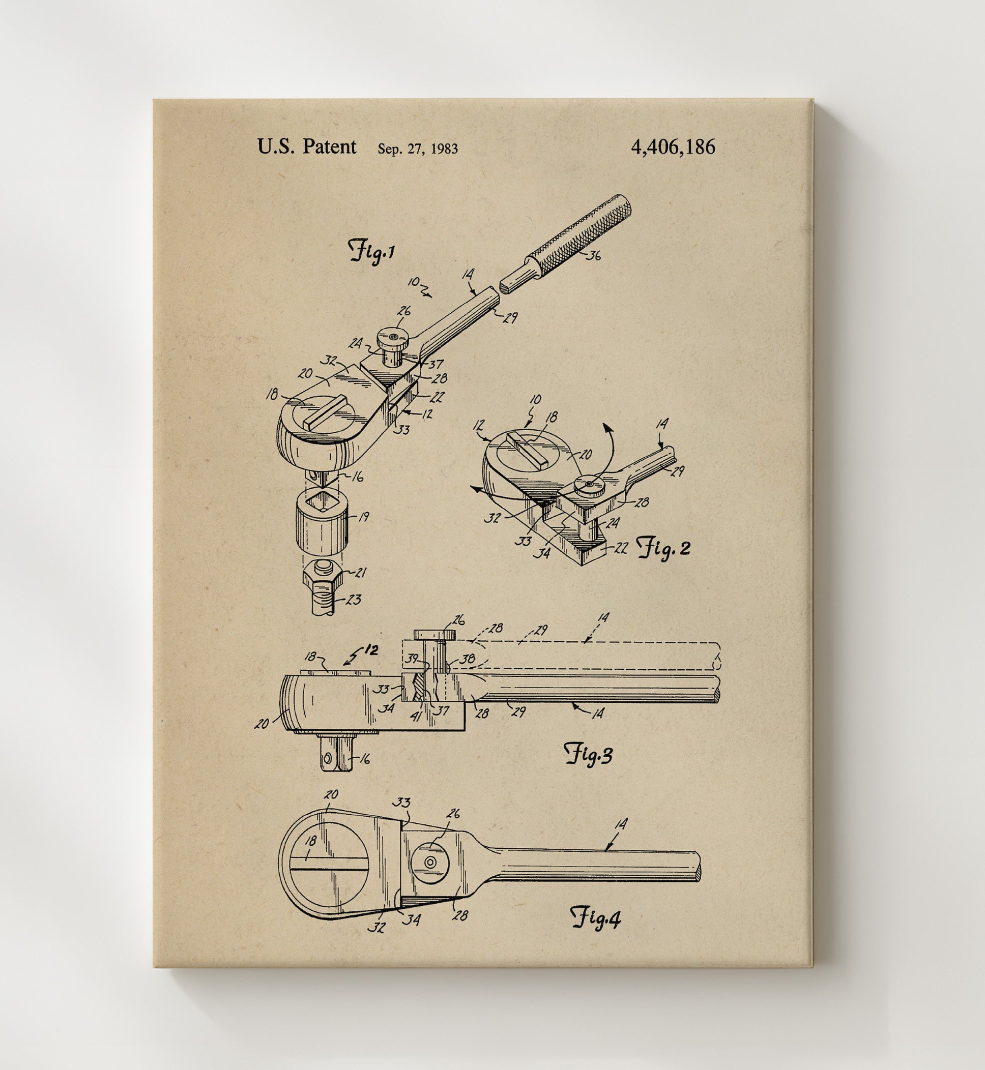 Patent Print - Ratchet Socket Wrench - Mechanical Hand Tool - 1983 - Patent 4406186 Patent Wall Art