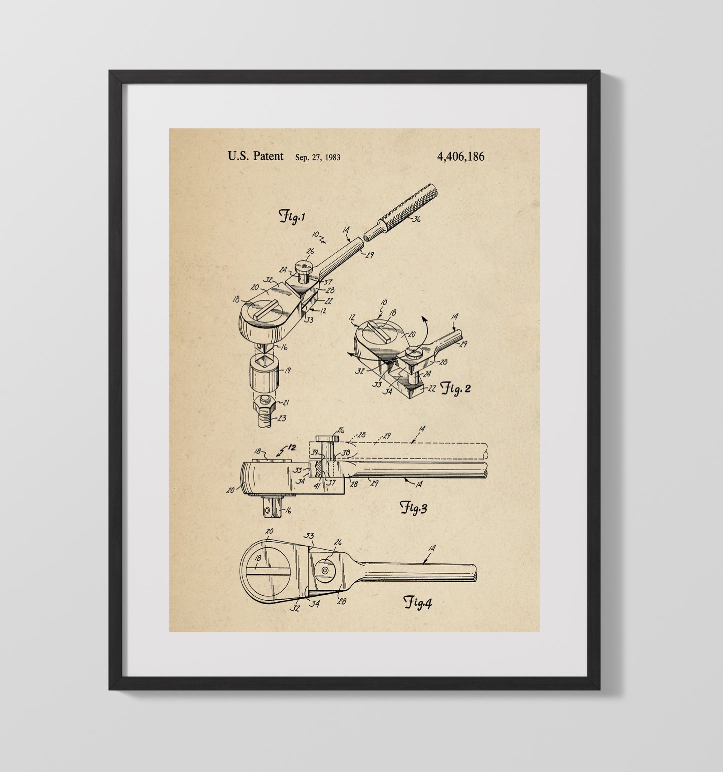 Patent Print - Ratchet Socket Wrench - Mechanical Hand Tool - 1983 - Patent 4406186 Patent Wall Art