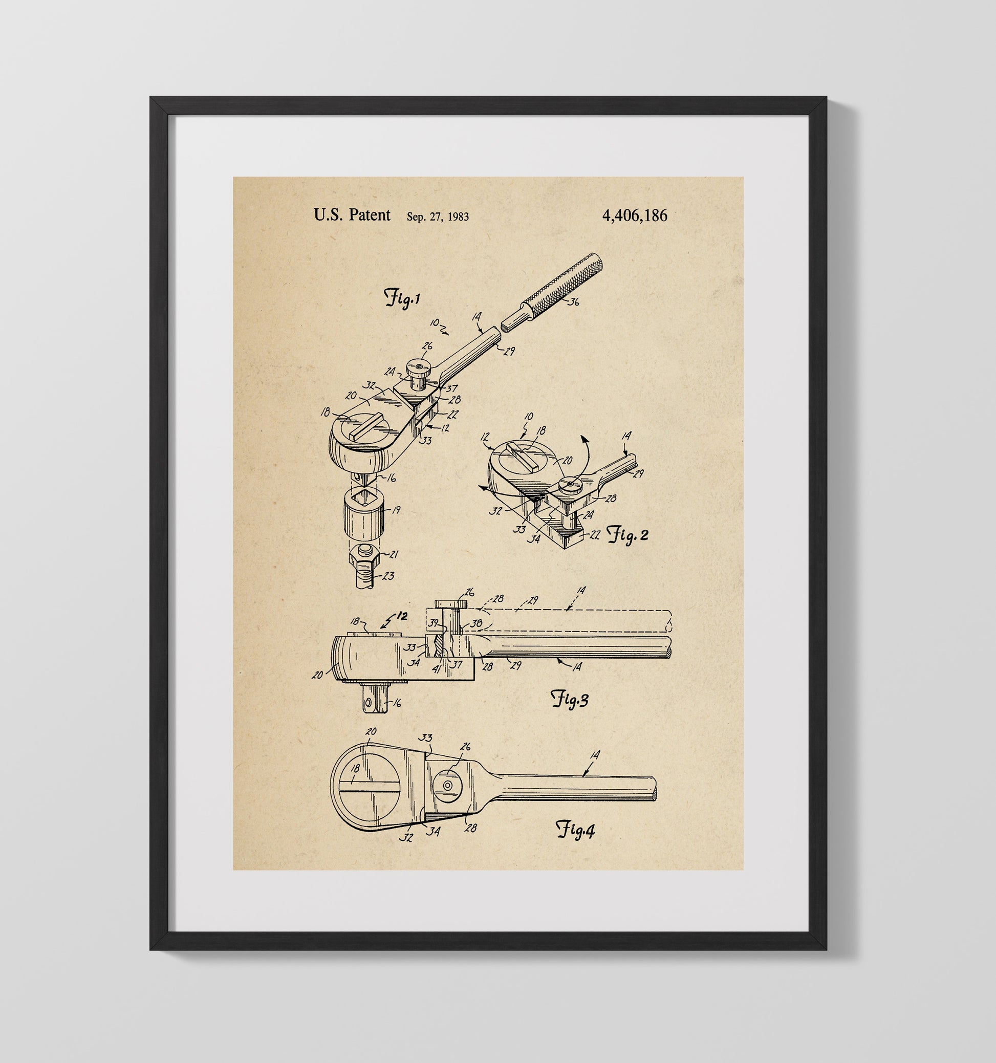 Patent Print - Ratchet Socket Wrench - Mechanical Hand Tool - 1983 - Patent 4406186 Patent Wall Art