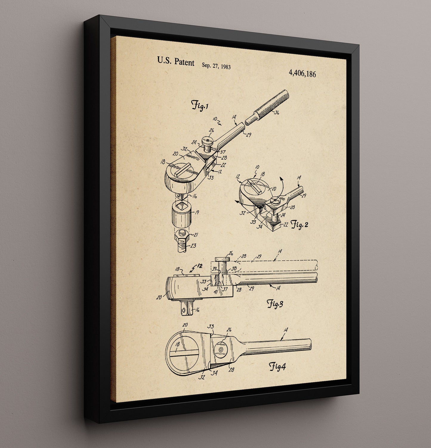 Patent Print - Ratchet Socket Wrench - Mechanical Hand Tool - 1983 - Patent 4406186 Patent Wall Art