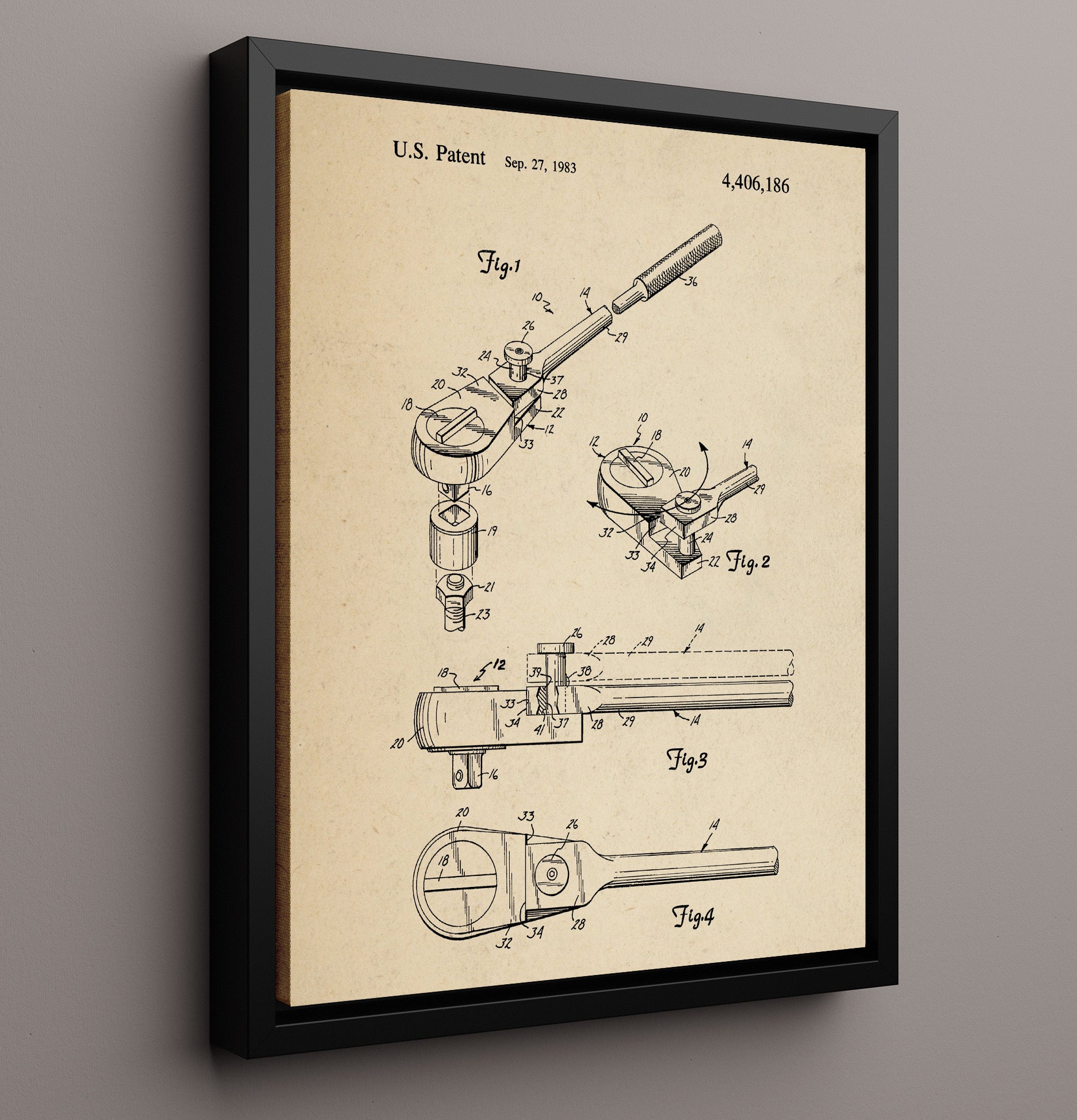 Patent Print - Ratchet Socket Wrench - Mechanical Hand Tool - 1983 - Patent 4406186 Patent Wall Art
