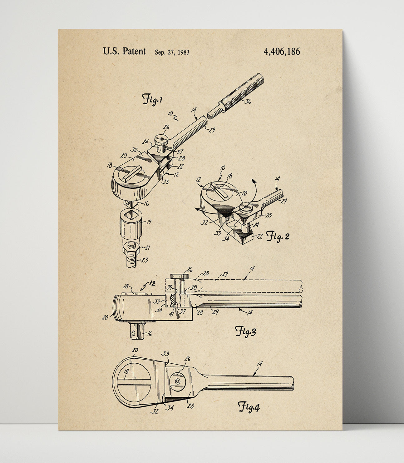 Patent Print - Ratchet Socket Wrench - Mechanical Hand Tool - 1983 - Patent 4406186 Patent Wall Art