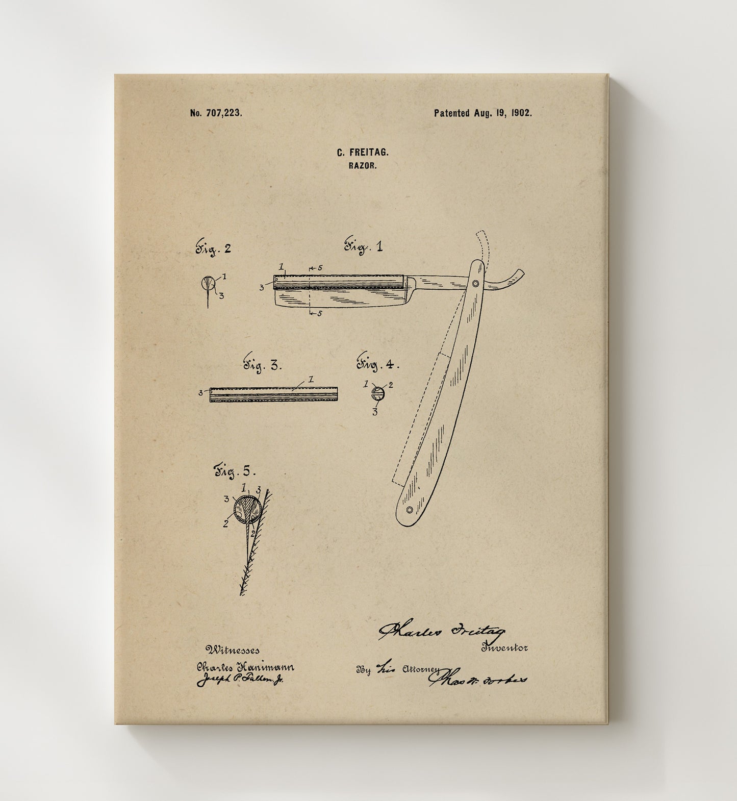 Patent Print - Razor - Charles Freitag - 1902 - Patent 707223 Patent Wall Art