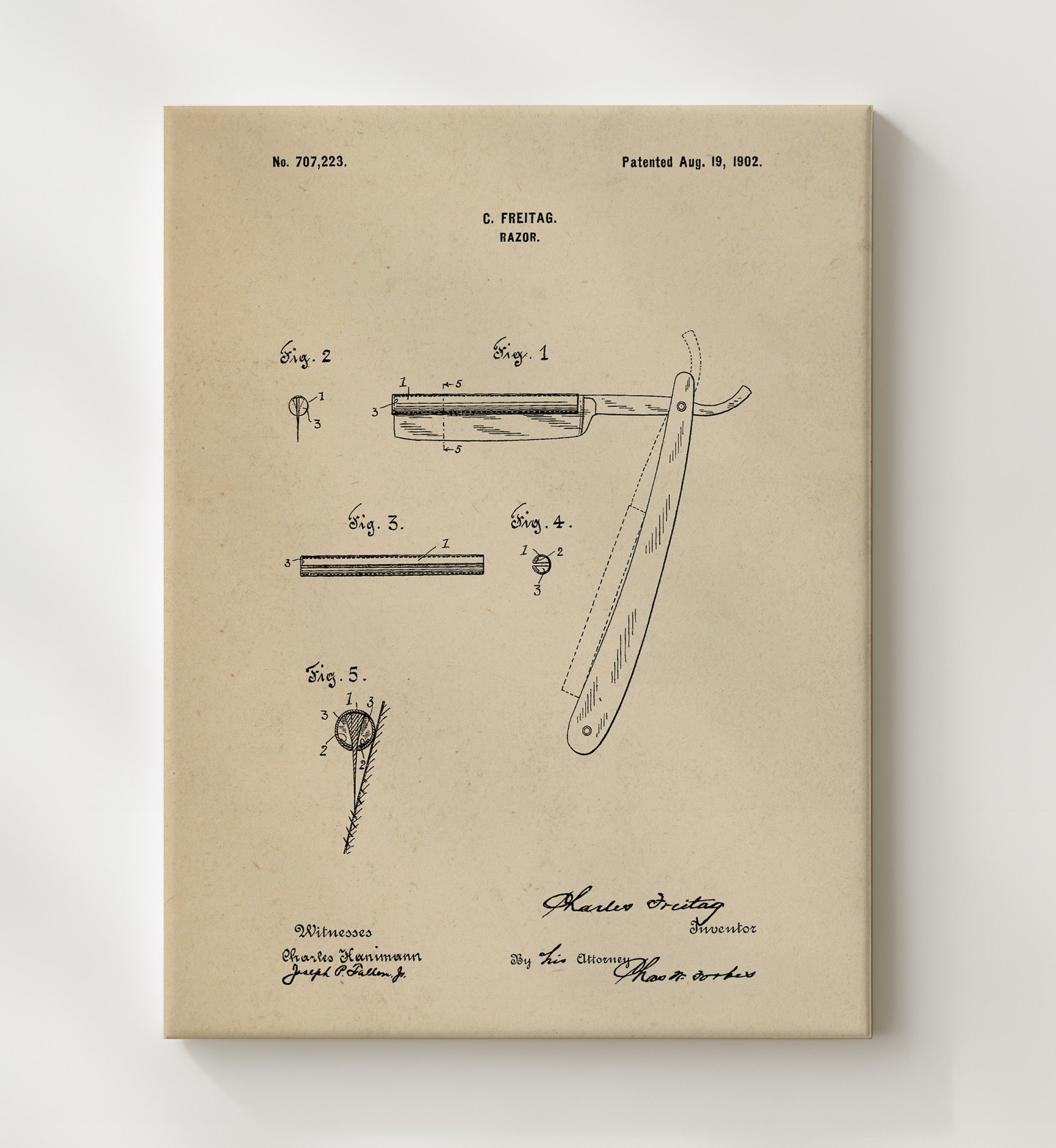 Patent Print - Razor - Charles Freitag - 1902 - Patent 707223 Patent Wall Art