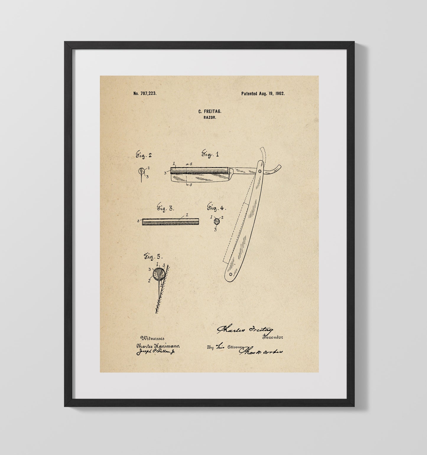 Patent Print - Razor - Charles Freitag - 1902 - Patent 707223 Patent Wall Art