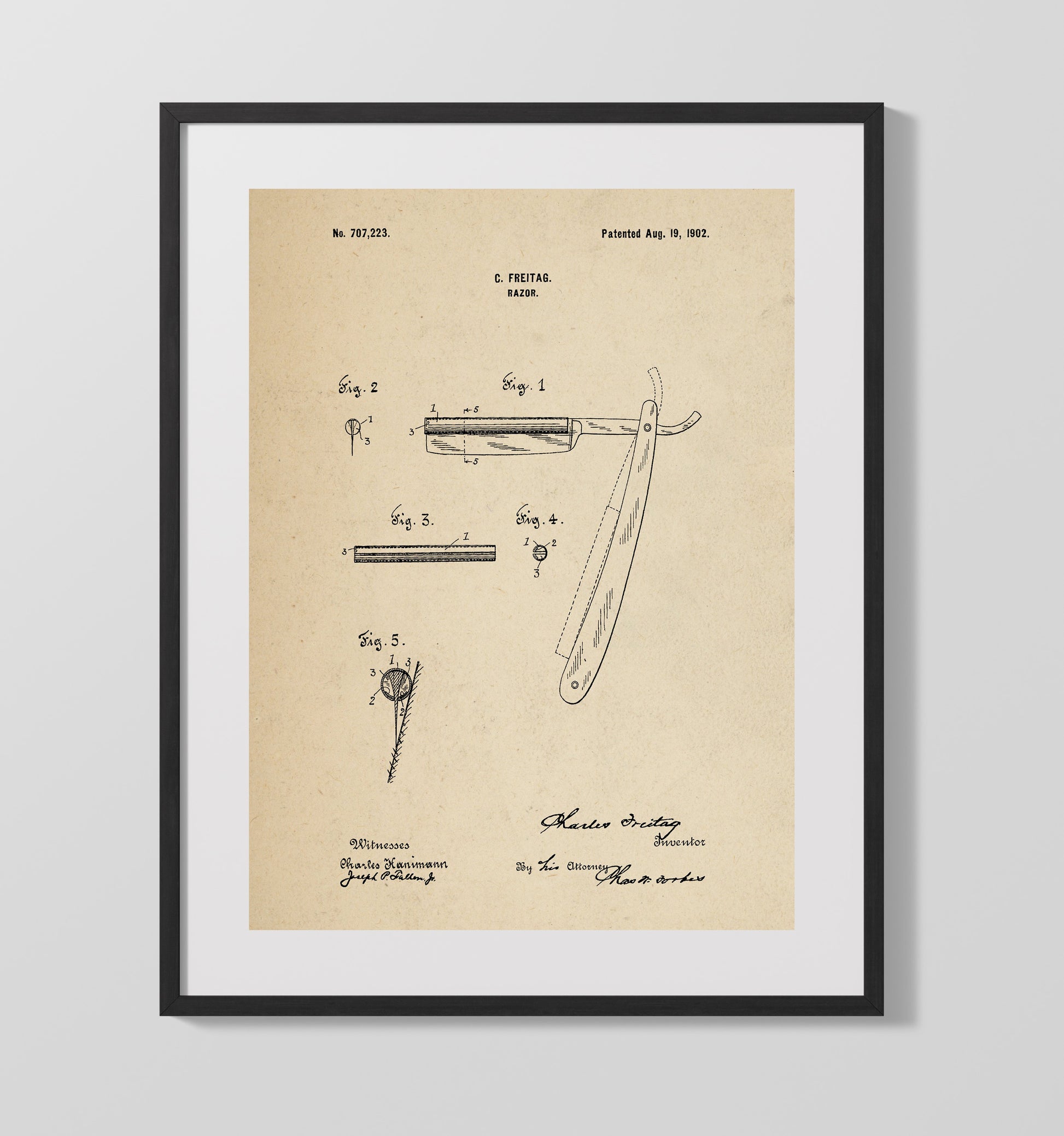 Patent Print - Razor - Charles Freitag - 1902 - Patent 707223 Patent Wall Art