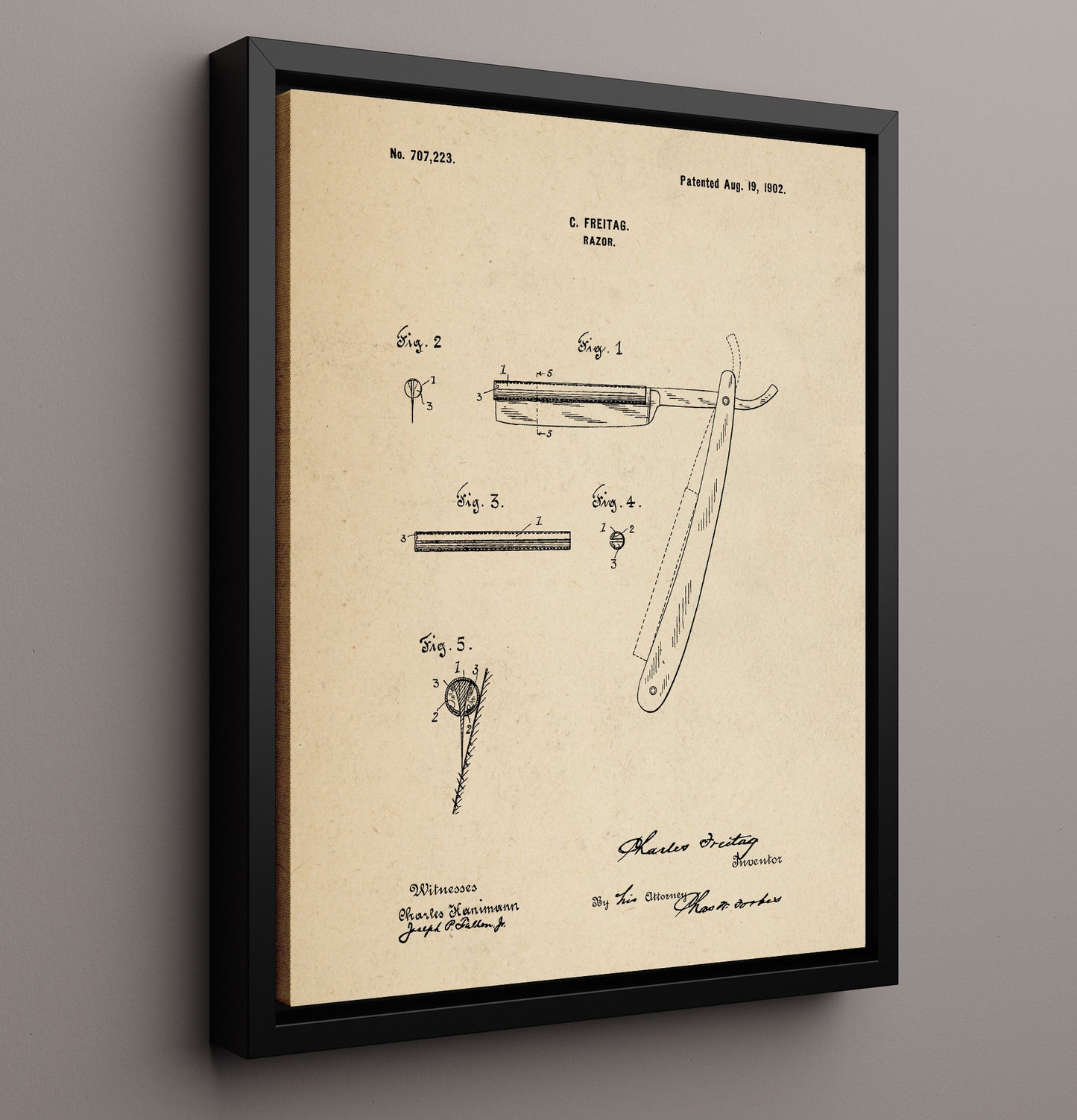 Patent Print - Razor - Charles Freitag - 1902 - Patent 707223 Patent Wall Art