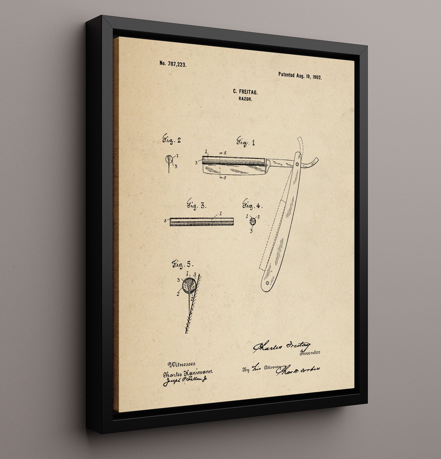 Patent Print - Razor - Charles Freitag - 1902 - Patent 707223 Patent Wall Art