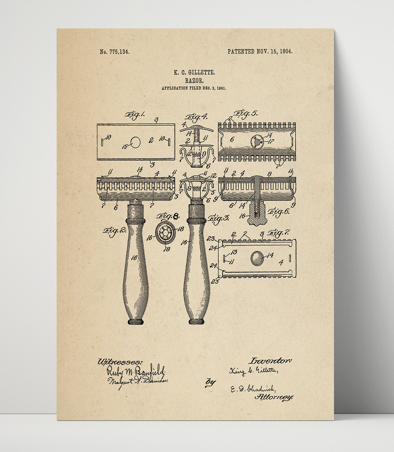 Patent Print - Razor - K. C. Gillette - 1904 - Patent 775134 Patent Wall Art