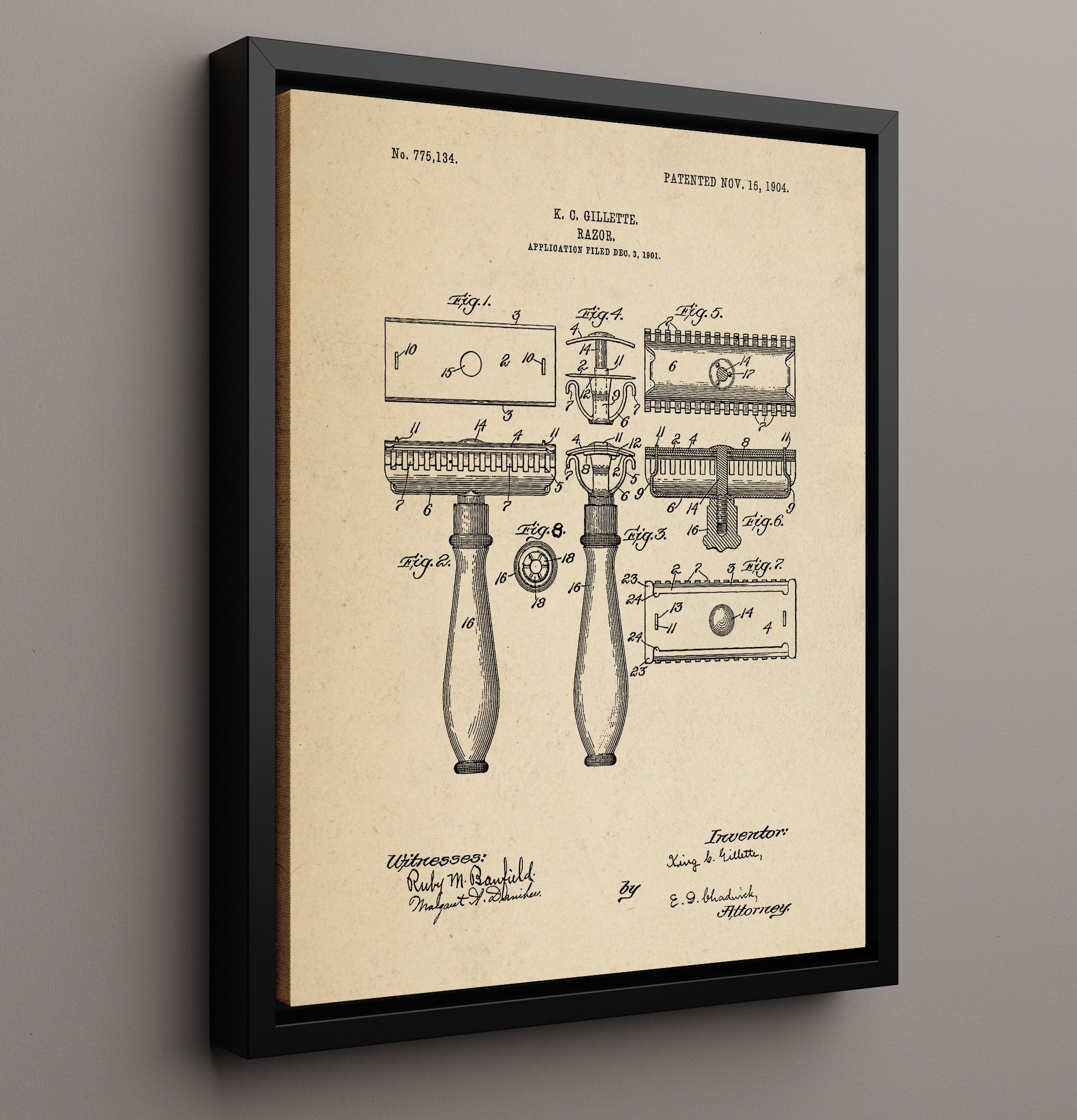Patent Print - Razor - King C Gillette - 1904 - Patent 775134 Patent Wall Art
