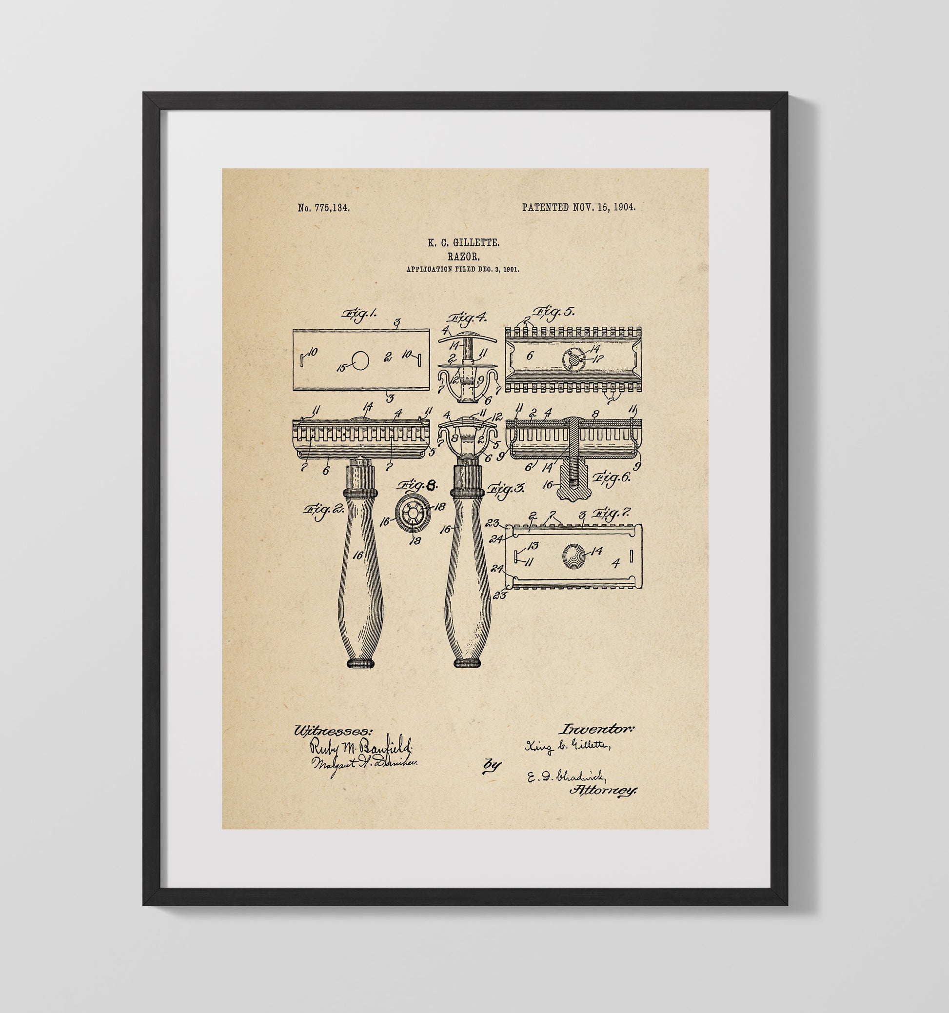 Patent Print - Razor - King C Gillette - 1904 - Patent 775134 Patent Wall Art