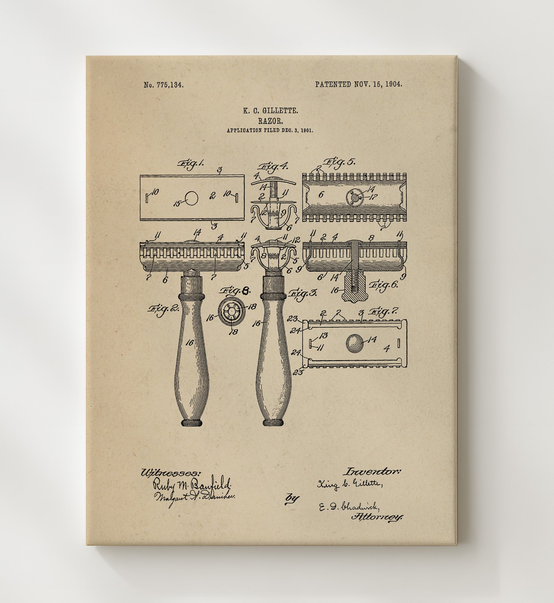 Patent Print - Razor - King C Gillette - 1904 - Patent 775134 Patent Wall Art