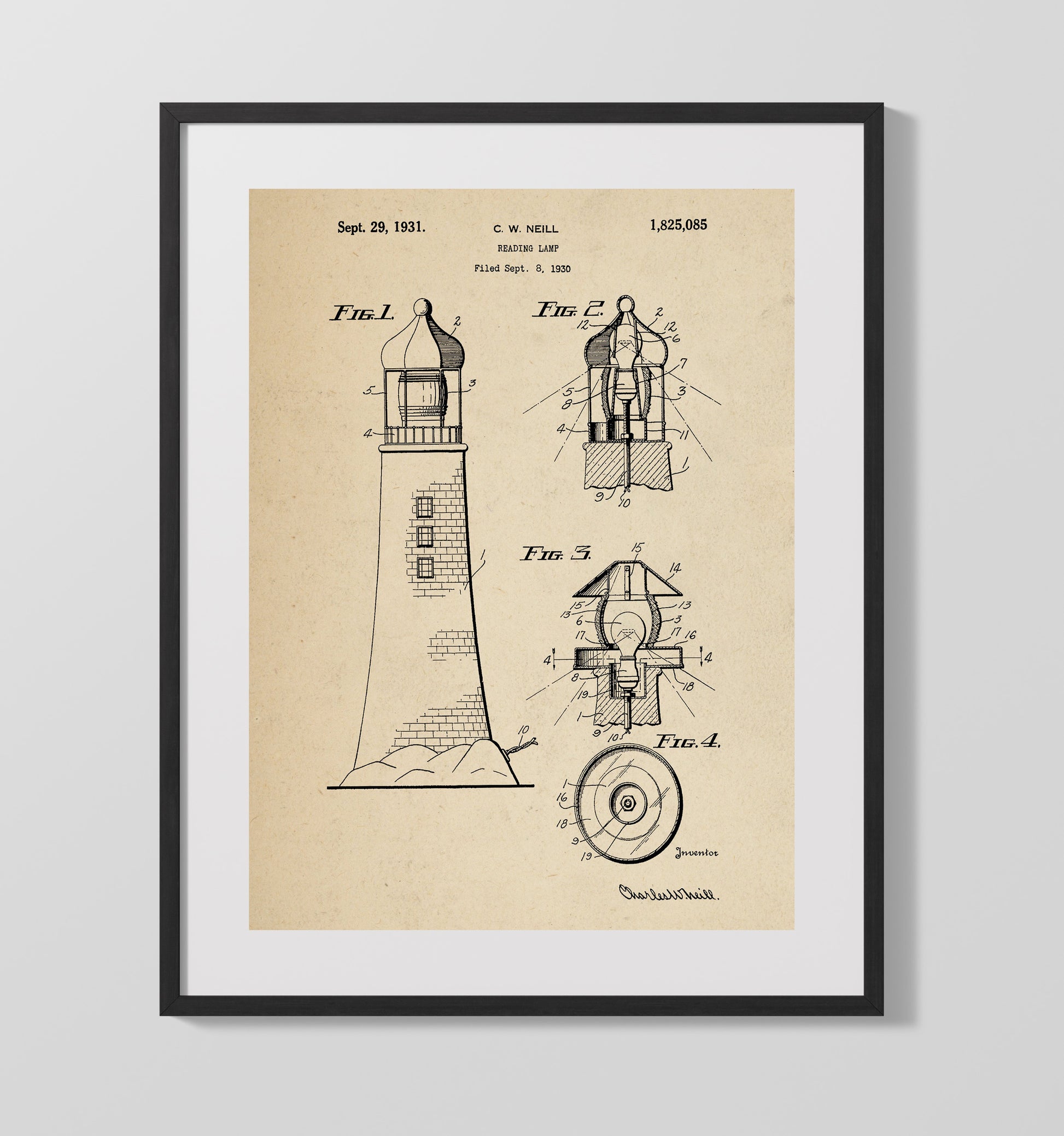 Patent Print - Reading Lamp Lighthouse - Charles W Neill - 1931 - Patent 1825085 Patent Wall Art