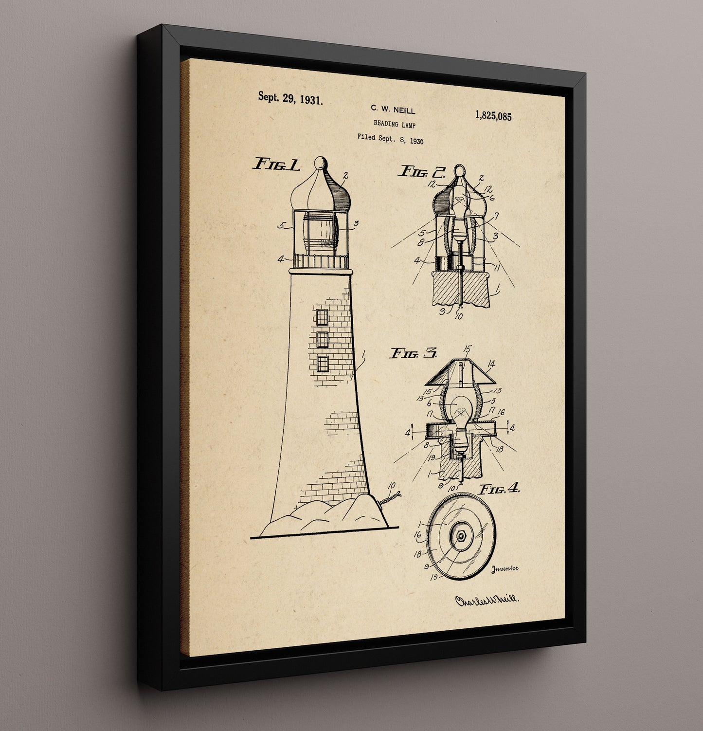 Patent Print - Reading Lamp Lighthouse - Charles W Neill - 1931 - Patent 1825085 Patent Wall Art