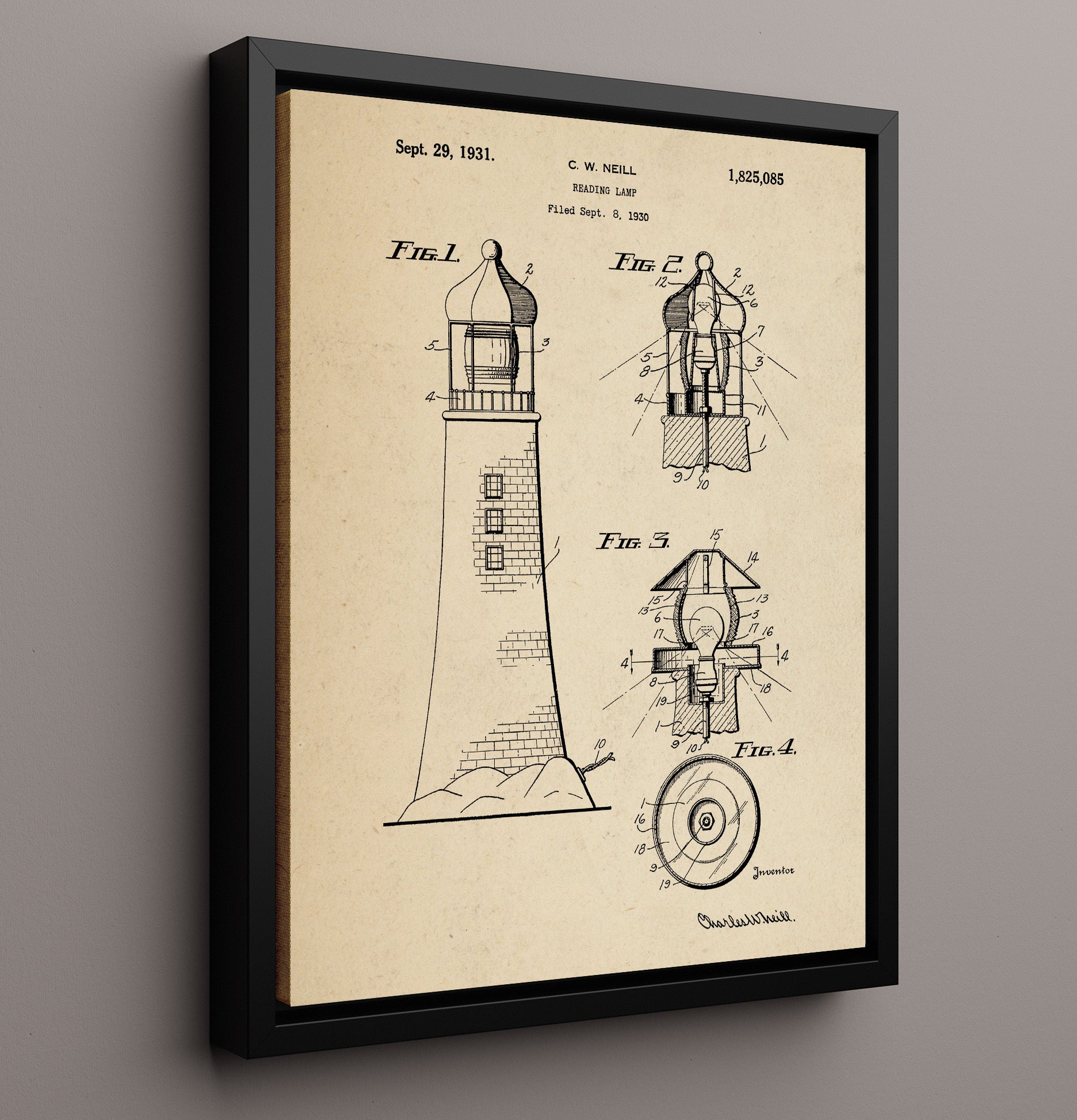 Patent Print - Reading Lamp Lighthouse - Charles W Neill - 1931 - Patent 1825085 Patent Wall Art