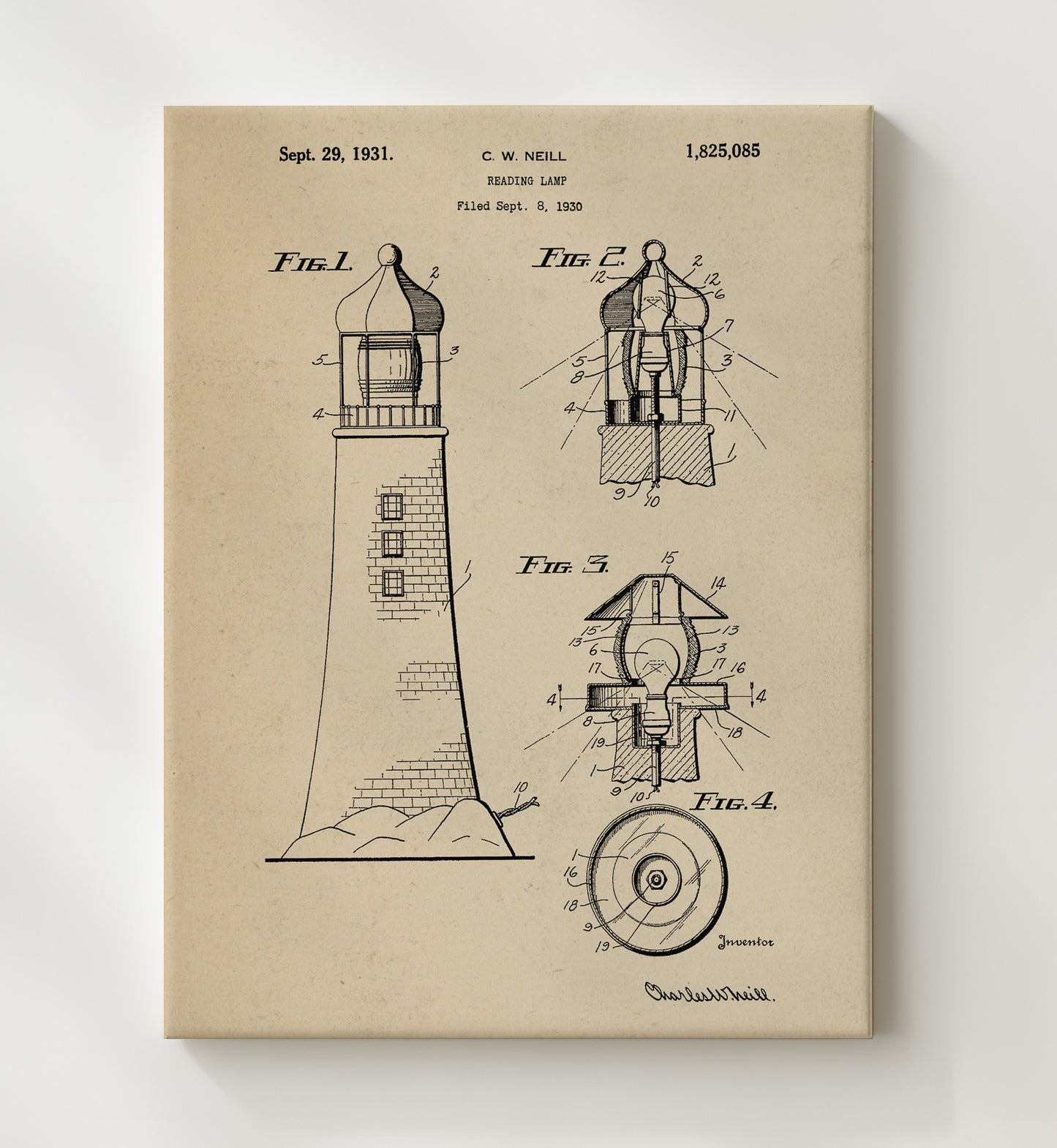 Patent Print - Reading Lamp Lighthouse - Charles W Neill - 1931 - Patent 1825085 Patent Wall Art