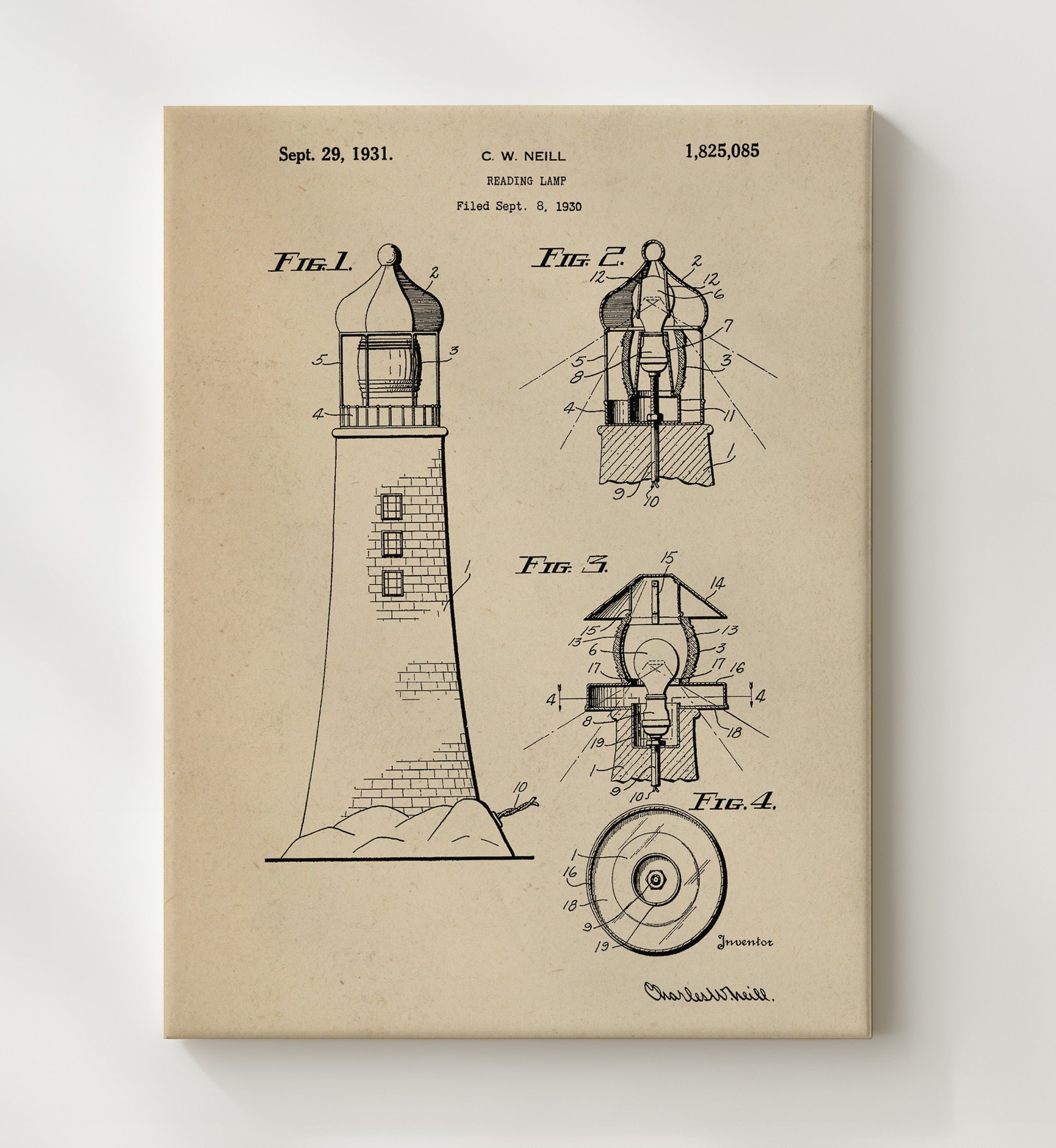 Patent Print - Reading Lamp Lighthouse - Charles W Neill - 1931 - Patent 1825085 Patent Wall Art
