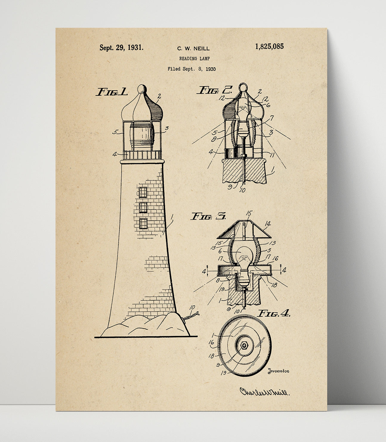 Patent Print - Reading Lamp Lighthouse - Charles W Neill - 1931 - Patent 1825085 Patent Wall Art
