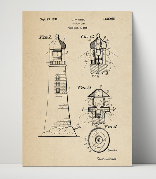 Reading Lamp Lighthouse - 1931 Patent - 16x20 Unframed Print