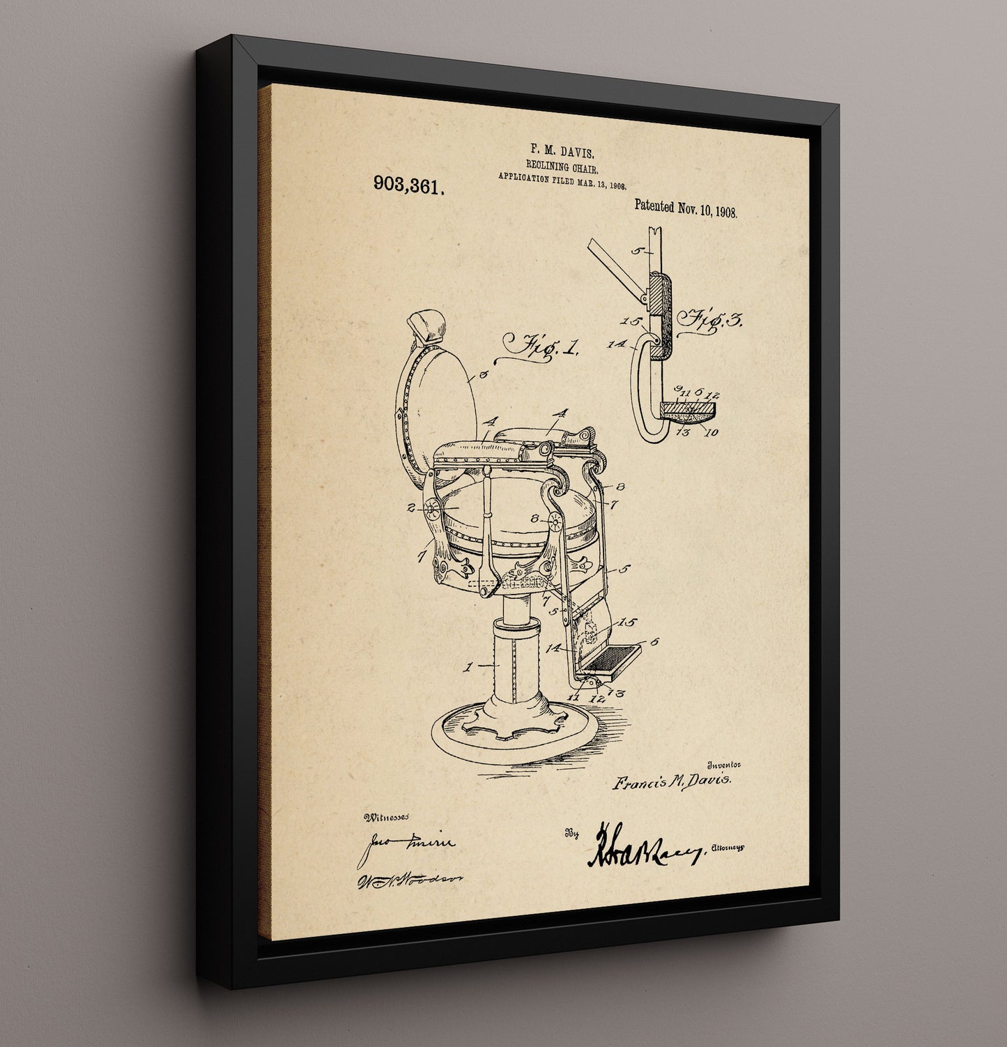 Patent Print - Reclining Chair - F. M. Davis - 1908 - Patent 903361 Patent Wall Art