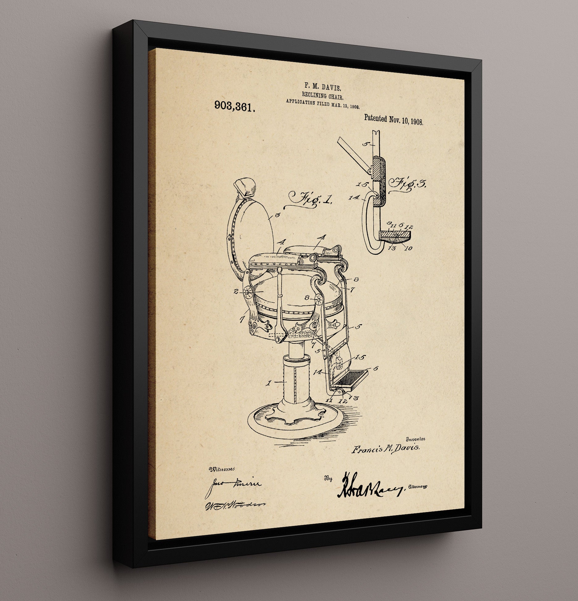Patent Print - Reclining Chair - F. M. Davis - 1908 - Patent 903361 Patent Wall Art