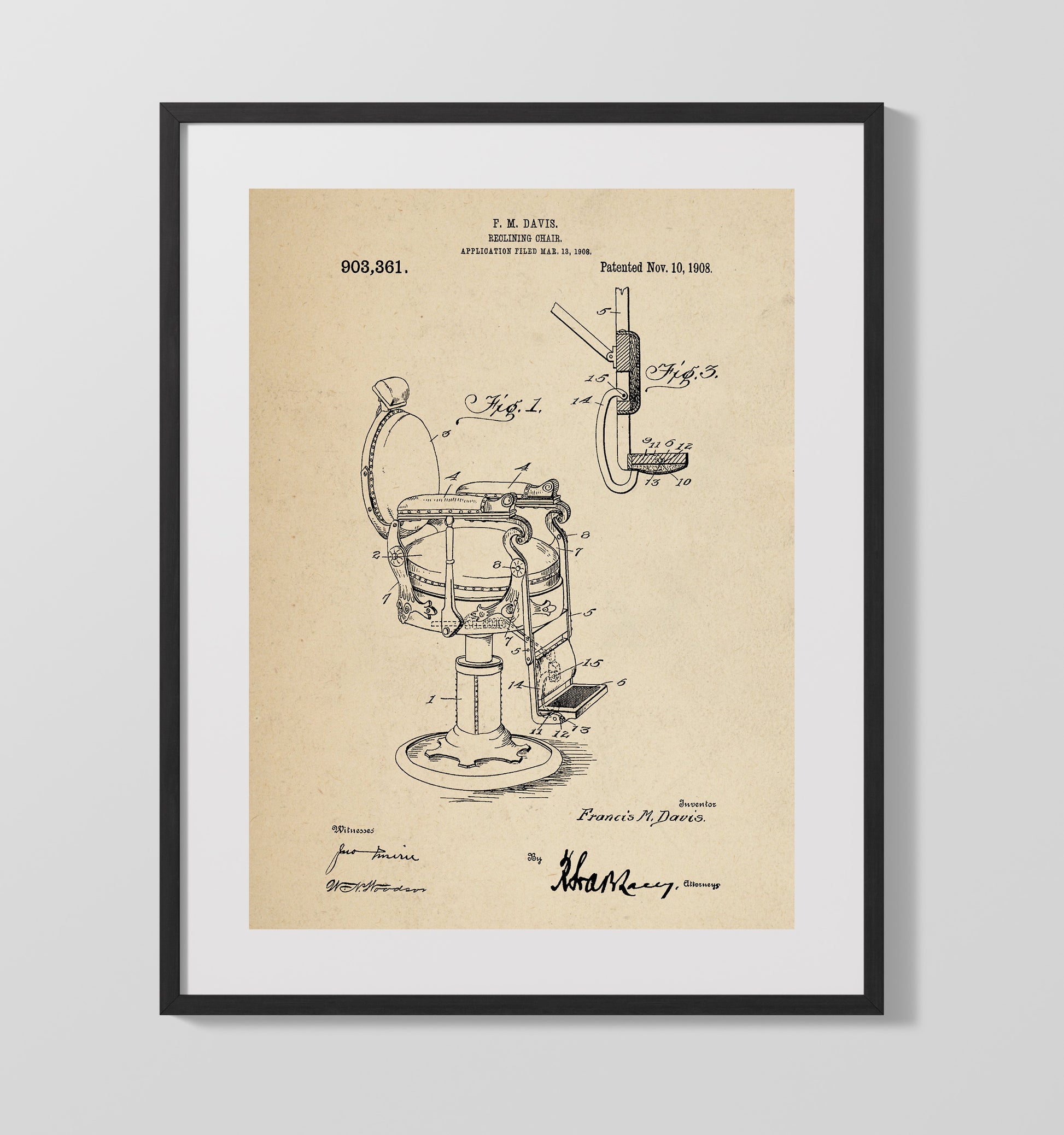 Patent Print - Reclining Chair - F. M. Davis - 1908 - Patent 903361 Patent Wall Art