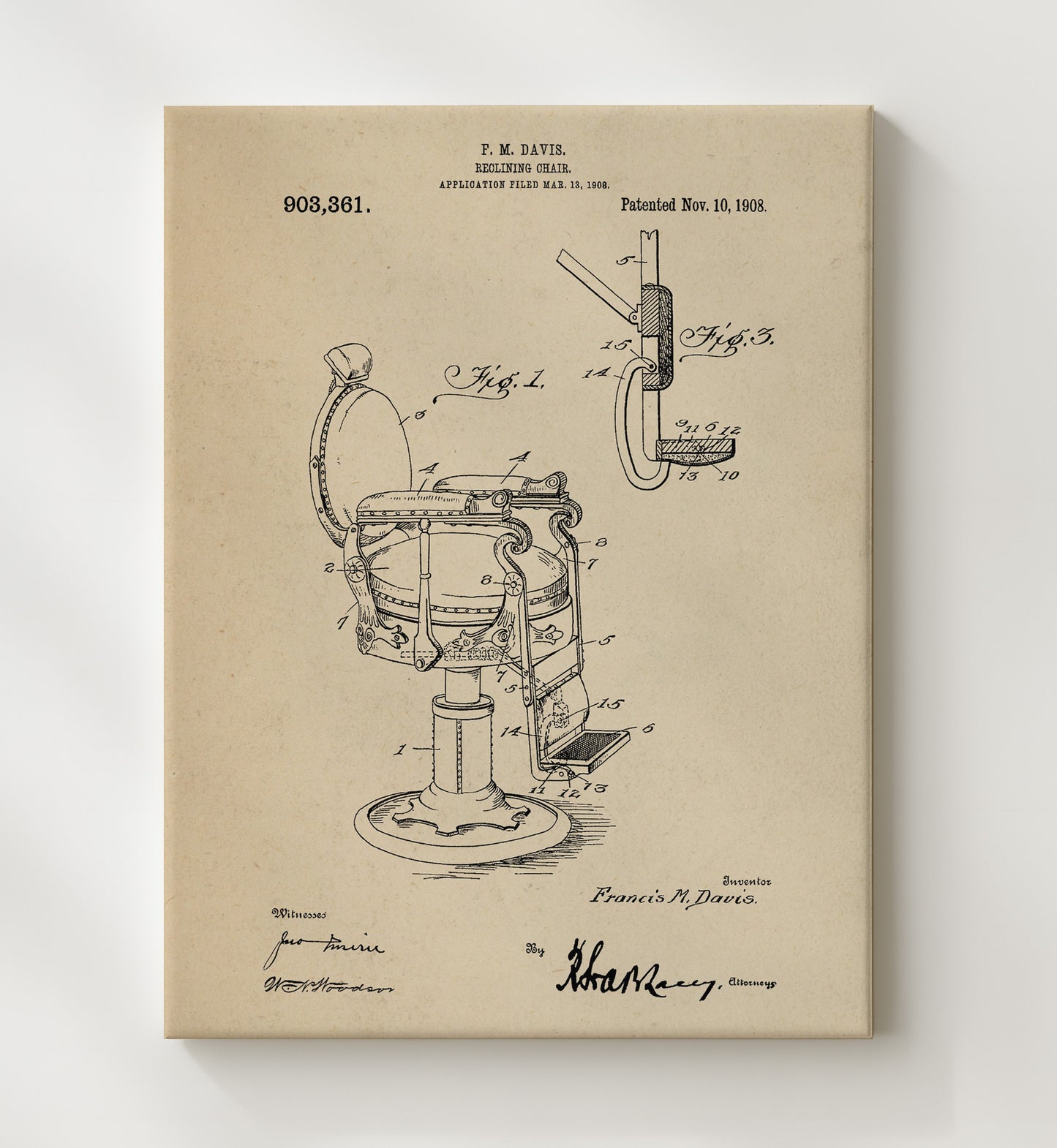 Patent Print - Reclining Chair - F. M. Davis - 1908 - Patent 903361 Patent Wall Art