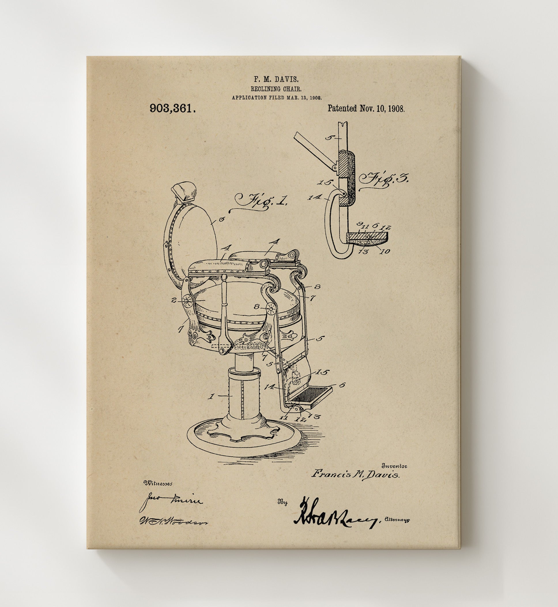 Patent Print - Reclining Chair - F. M. Davis - 1908 - Patent 903361 Patent Wall Art