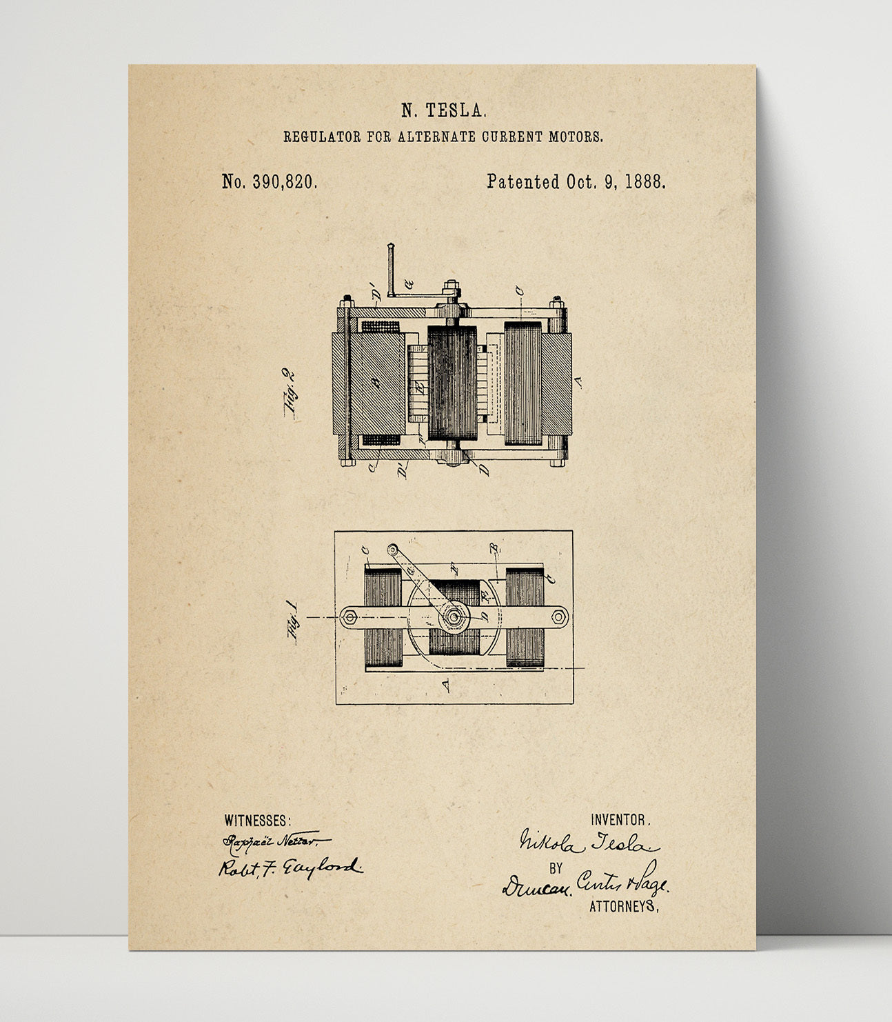 Patent Print - Regulator For Alternate Current Motors - Nikola Tesla - 1888 - Patent 390820 Patent Wall Art