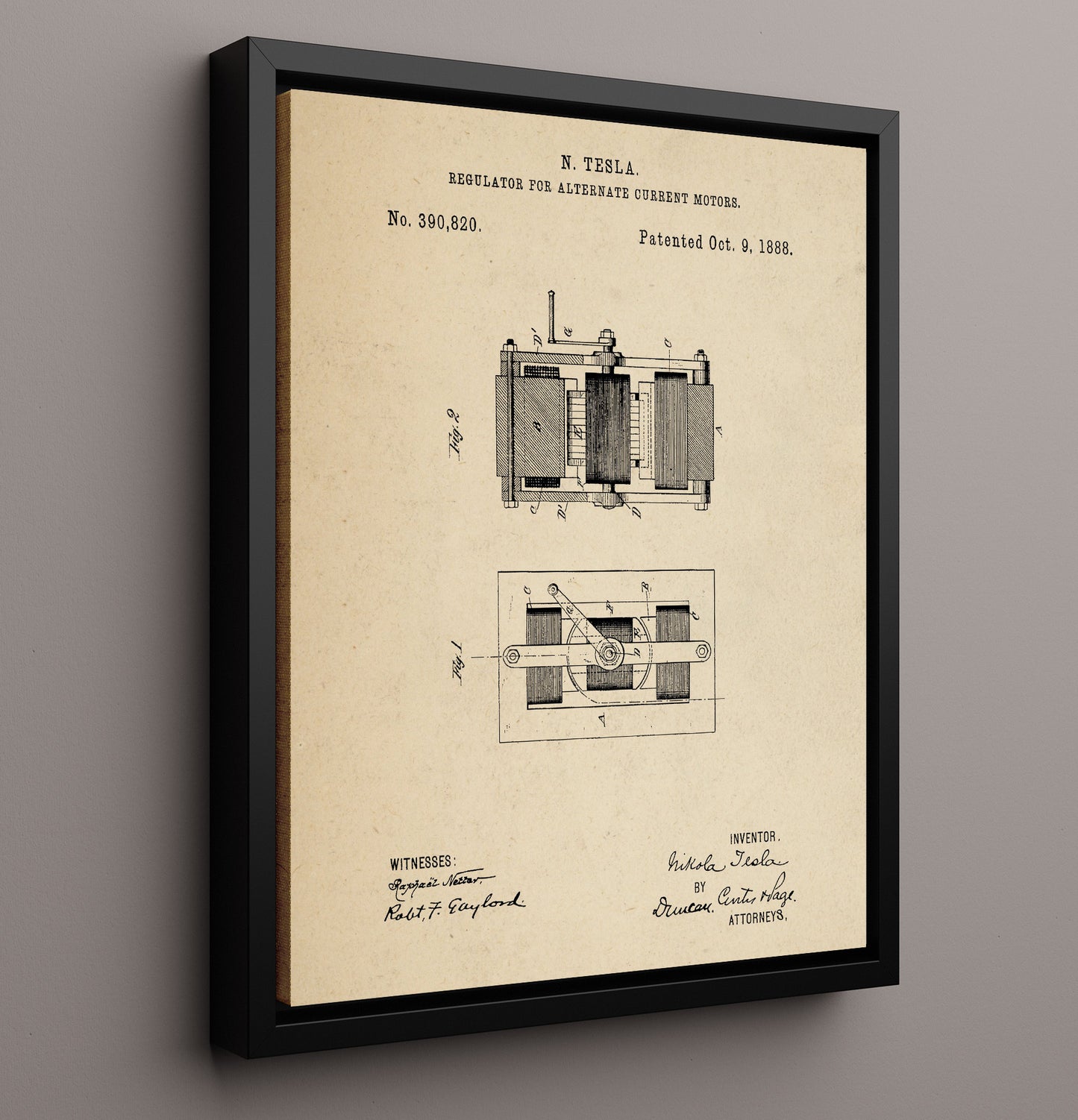 Patent Print - Regulator For Alternate Current Motors - Nikola Tesla - 1888 - Patent 390820 Patent Wall Art