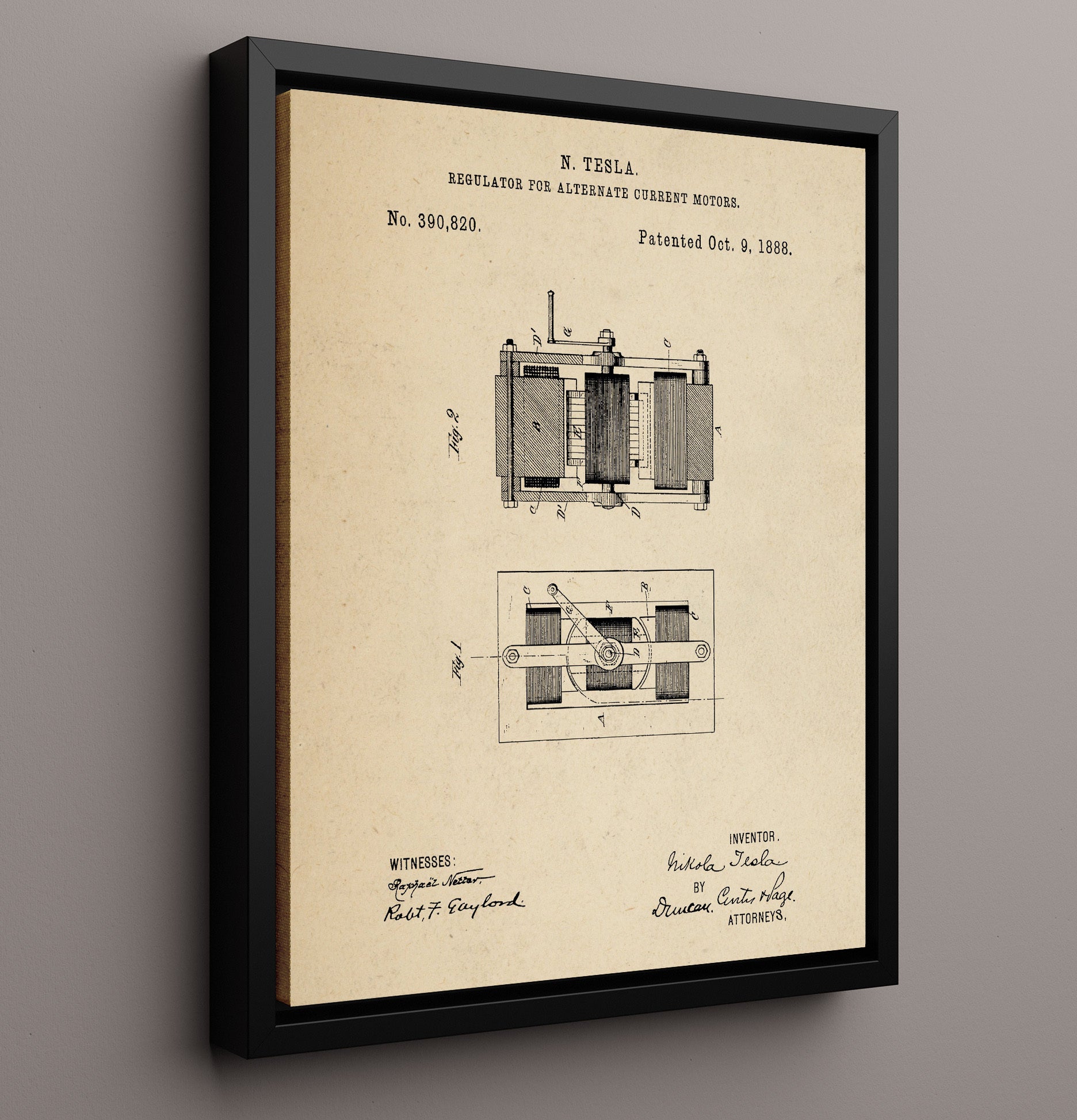 Patent Print - Regulator For Alternate Current Motors - Nikola Tesla - 1888 - Patent 390820 Patent Wall Art