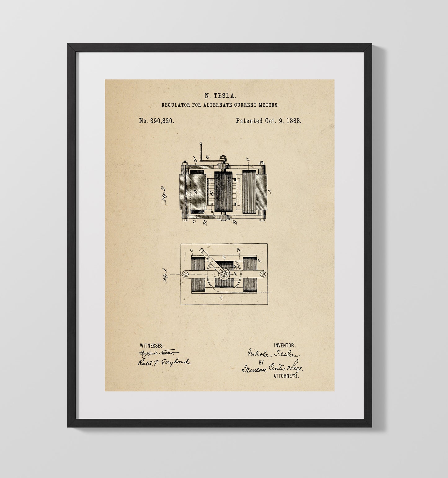 Patent Print - Regulator For Alternate Current Motors - Nikola Tesla - 1888 - Patent 390820 Patent Wall Art