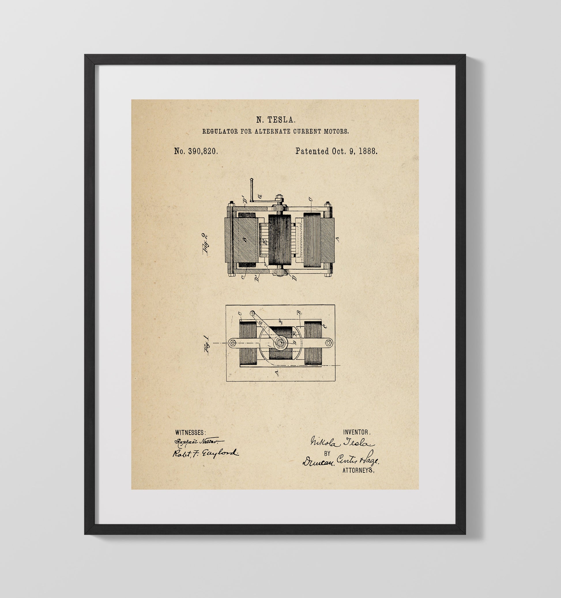 Patent Print - Regulator For Alternate Current Motors - Nikola Tesla - 1888 - Patent 390820 Patent Wall Art