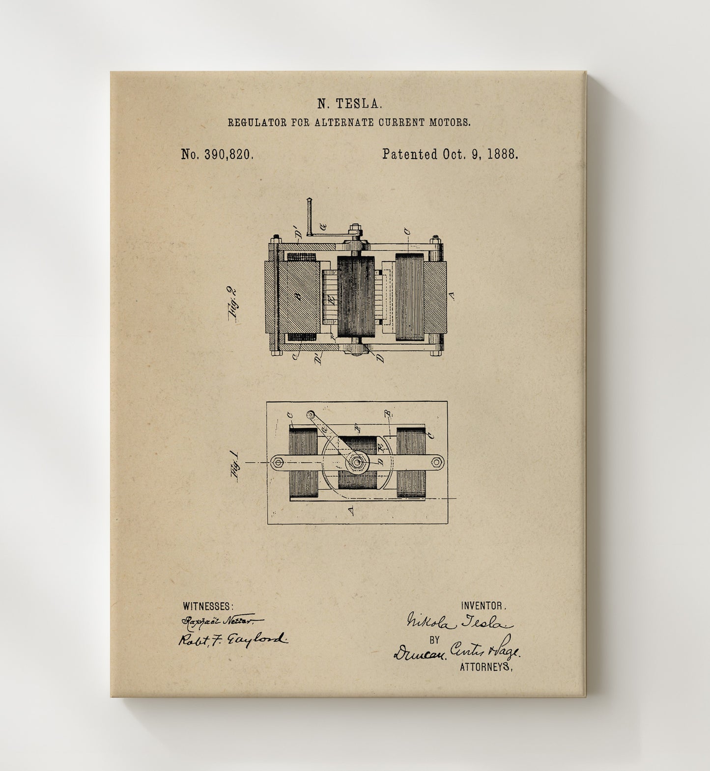 Patent Print - Regulator For Alternate Current Motors - Nikola Tesla - 1888 - Patent 390820 Patent Wall Art