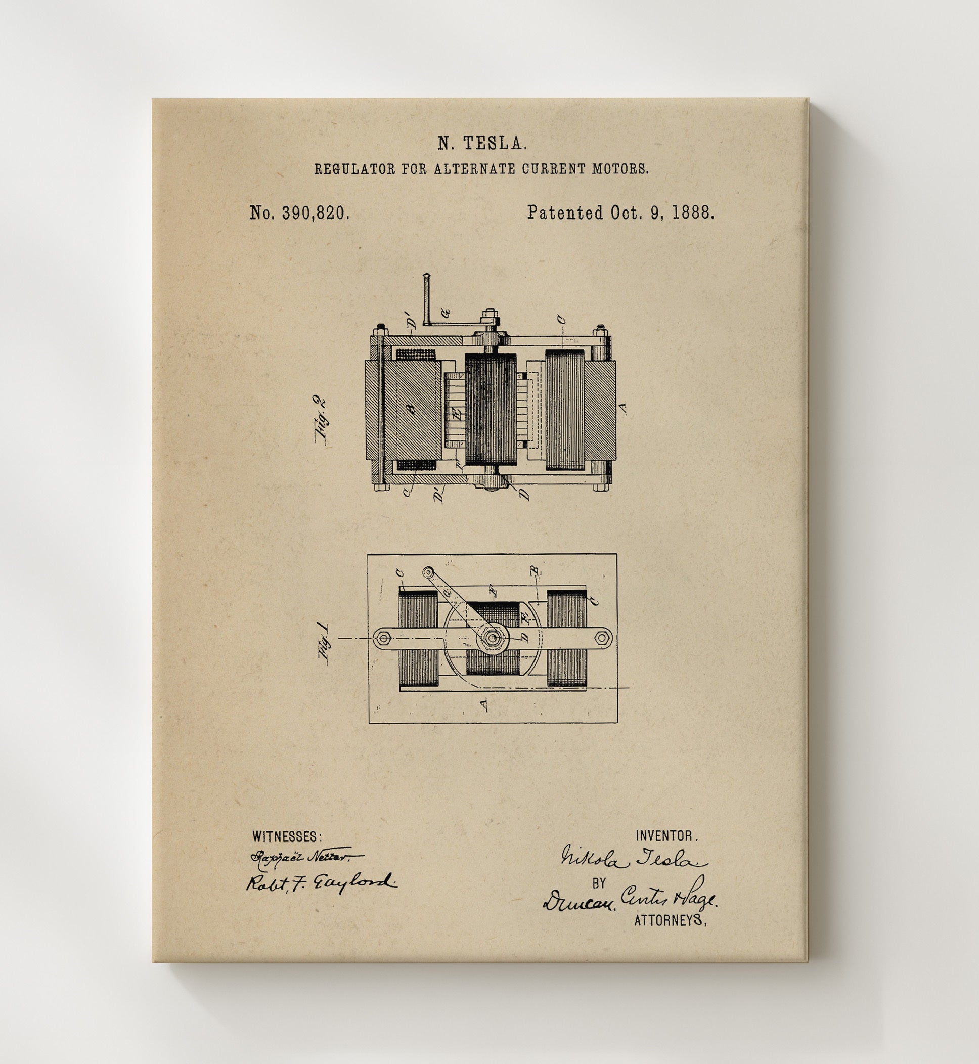 Patent Print - Regulator For Alternate Current Motors - Nikola Tesla - 1888 - Patent 390820 Patent Wall Art