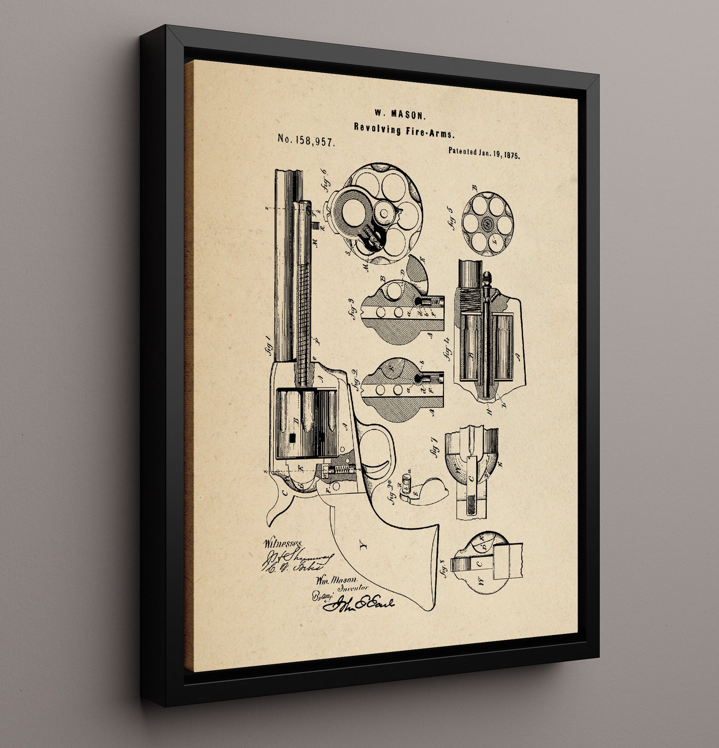 Patent Print - Revolving Fire-Arms - William Mason - 1875 - Patent 158957 Patent Wall Art