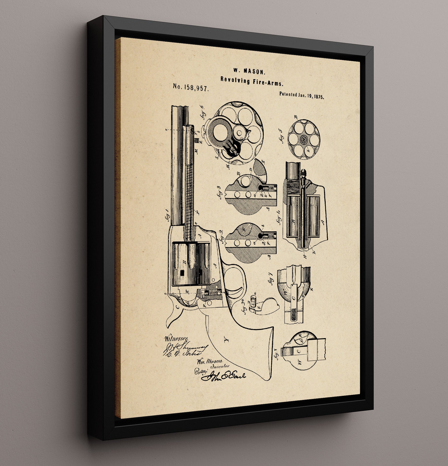 Patent Print - Revolving Fire-Arms - William Mason - 1875 - Patent 158957 Patent Wall Art