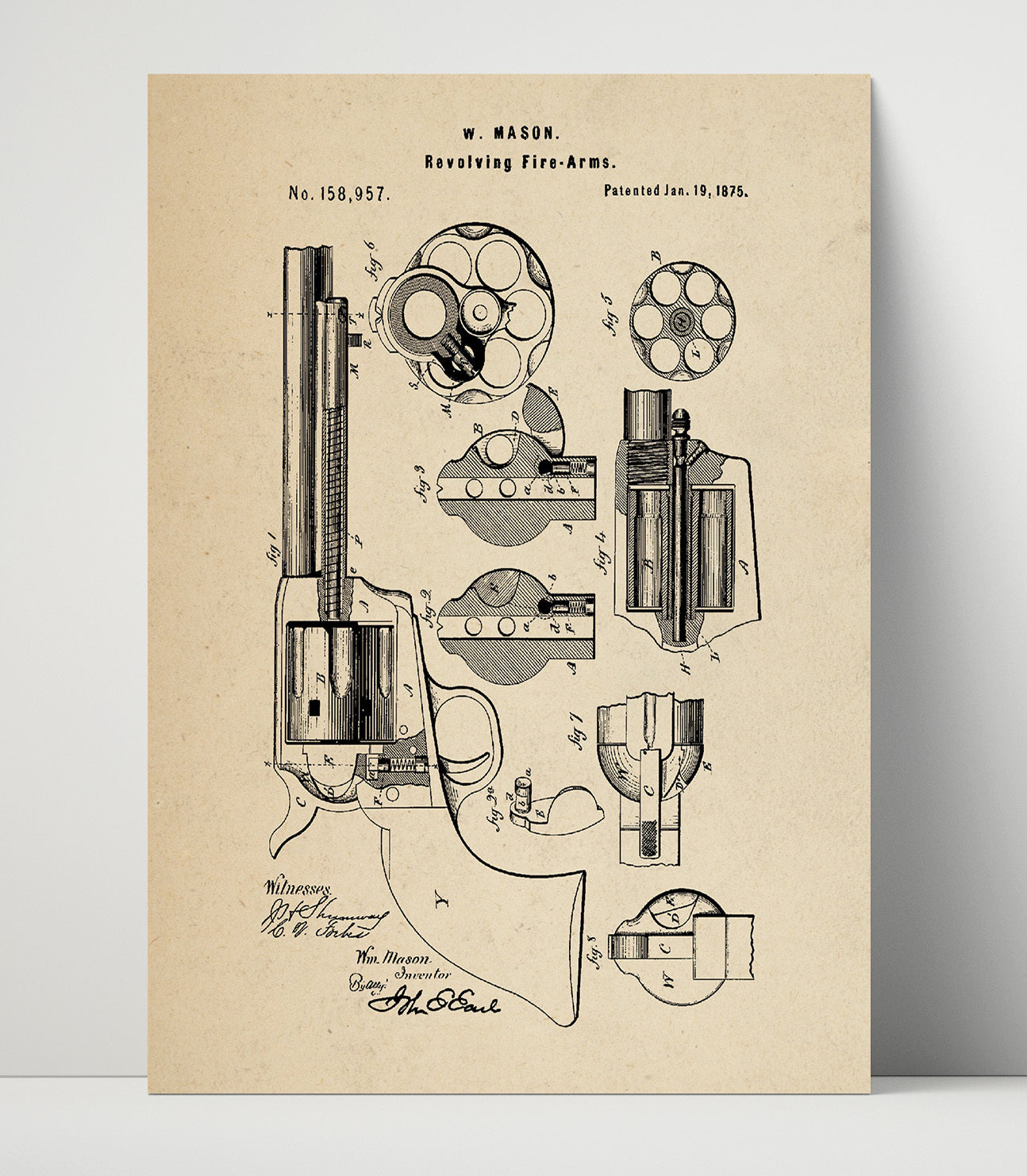 Patent Print - Revolving Fire-Arms - William Mason - 1875 - Patent 158957 Patent Wall Art