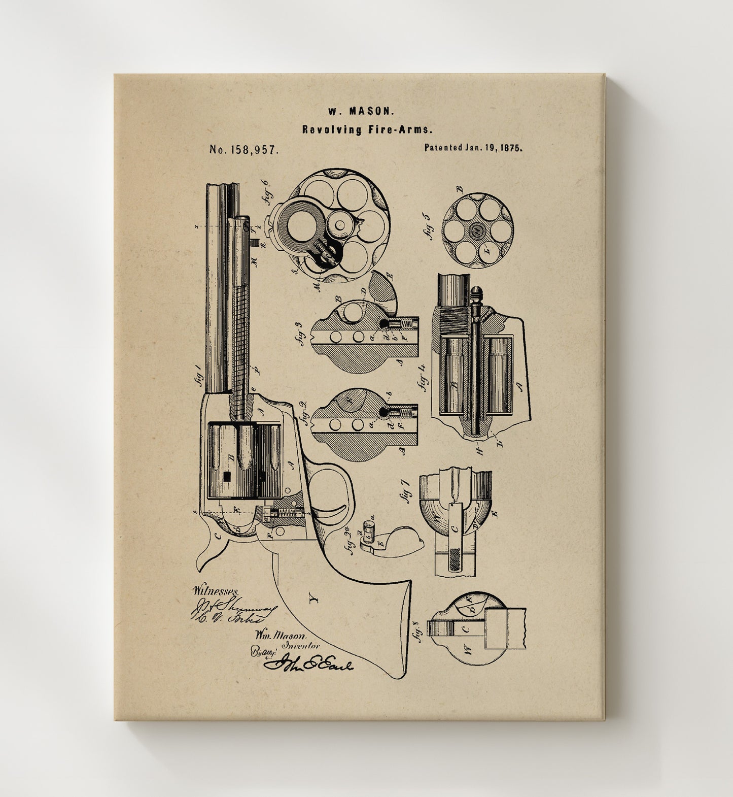 Patent Print - Revolving Fire-Arms - William Mason - 1875 - Patent 158957 Patent Wall Art