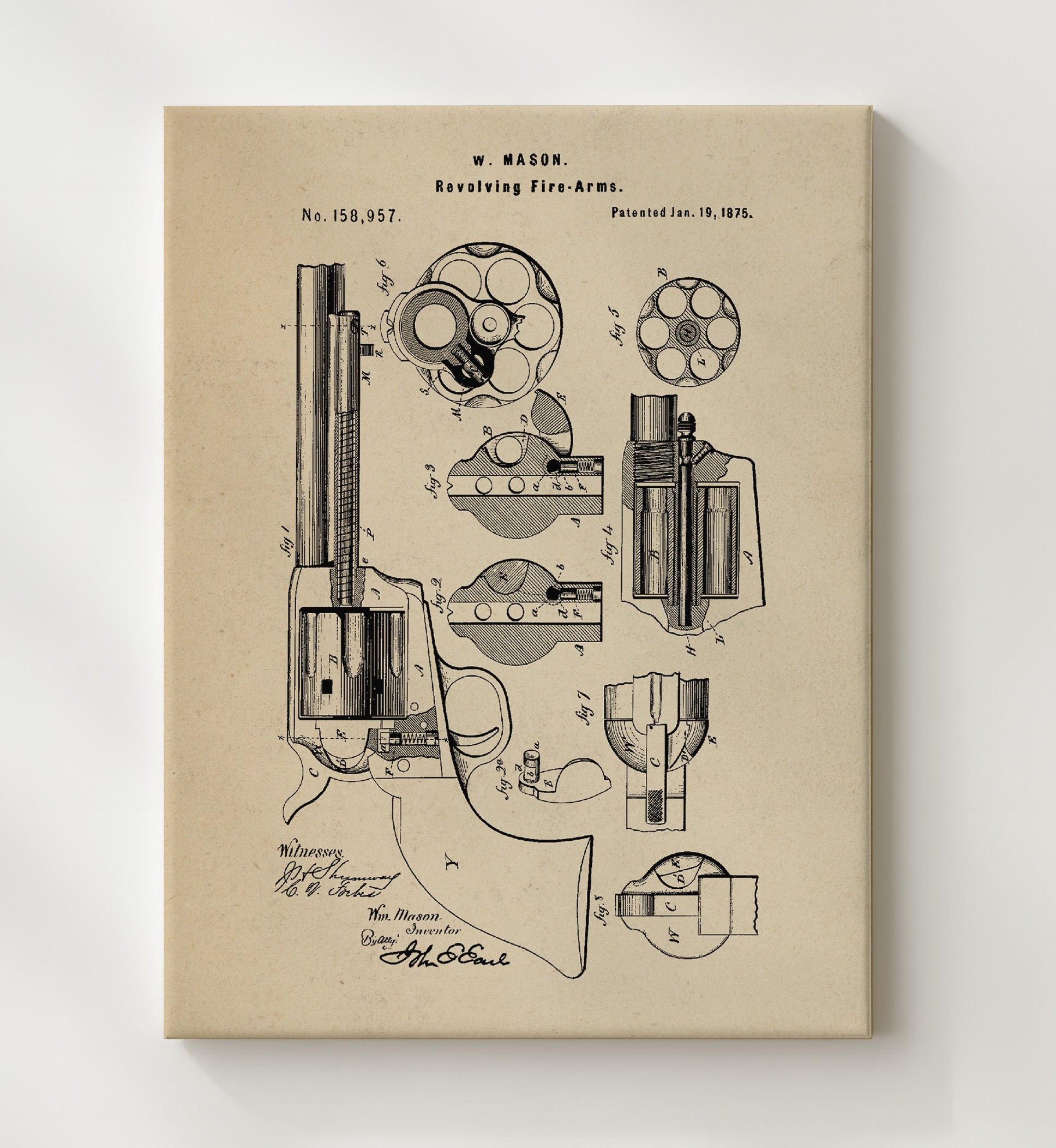 Patent Print - Revolving Fire-Arms - William Mason - 1875 - Patent 158957 Patent Wall Art