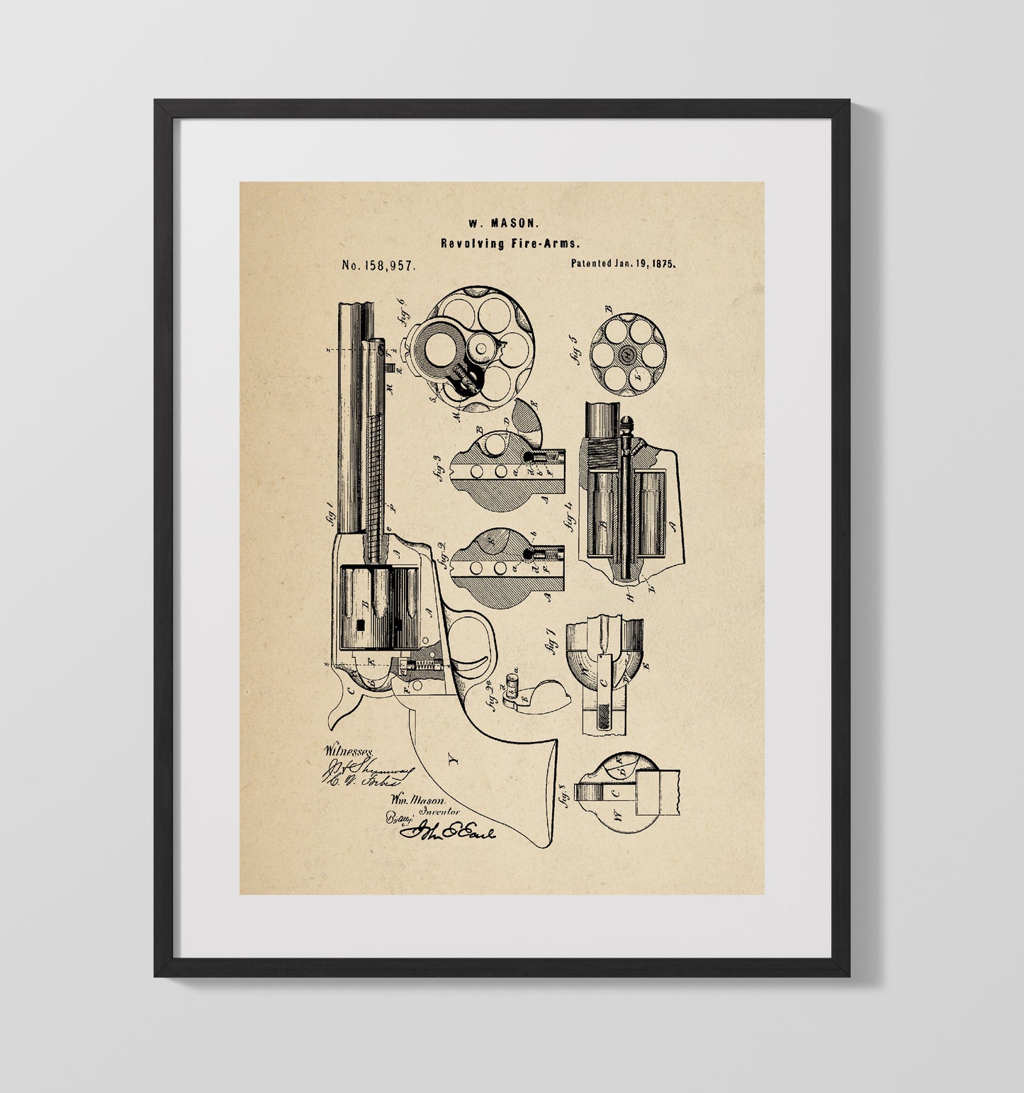 Patent Print - Revolving Fire-Arms - William Mason - 1875 - Patent 158957 Patent Wall Art