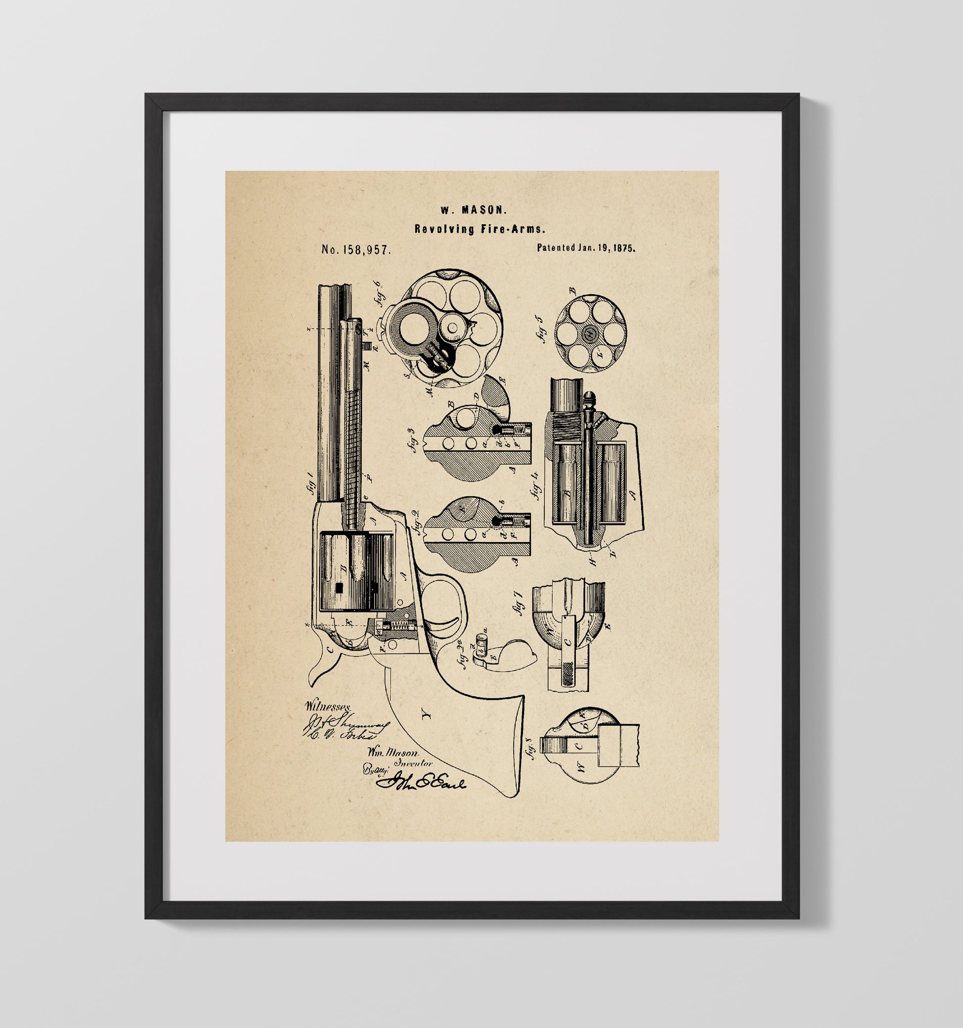 Patent Print - Revolving Fire-Arms - William Mason - 1875 - Patent 158957 Patent Wall Art