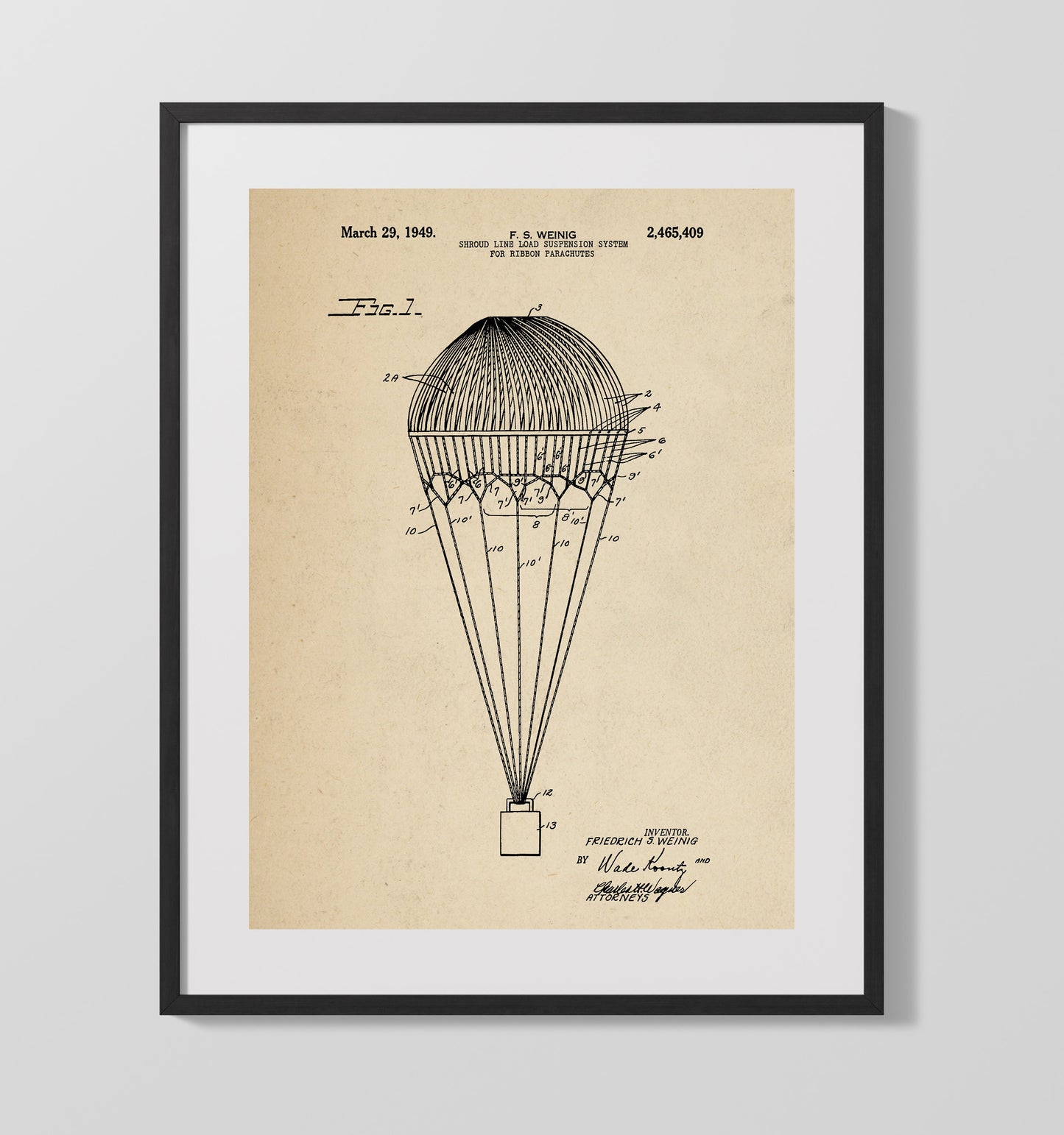 Patent Print - Ribbon Parachute Suspension System - F S Weinig - 1949 - Patent 2465409 Patent Wall Art