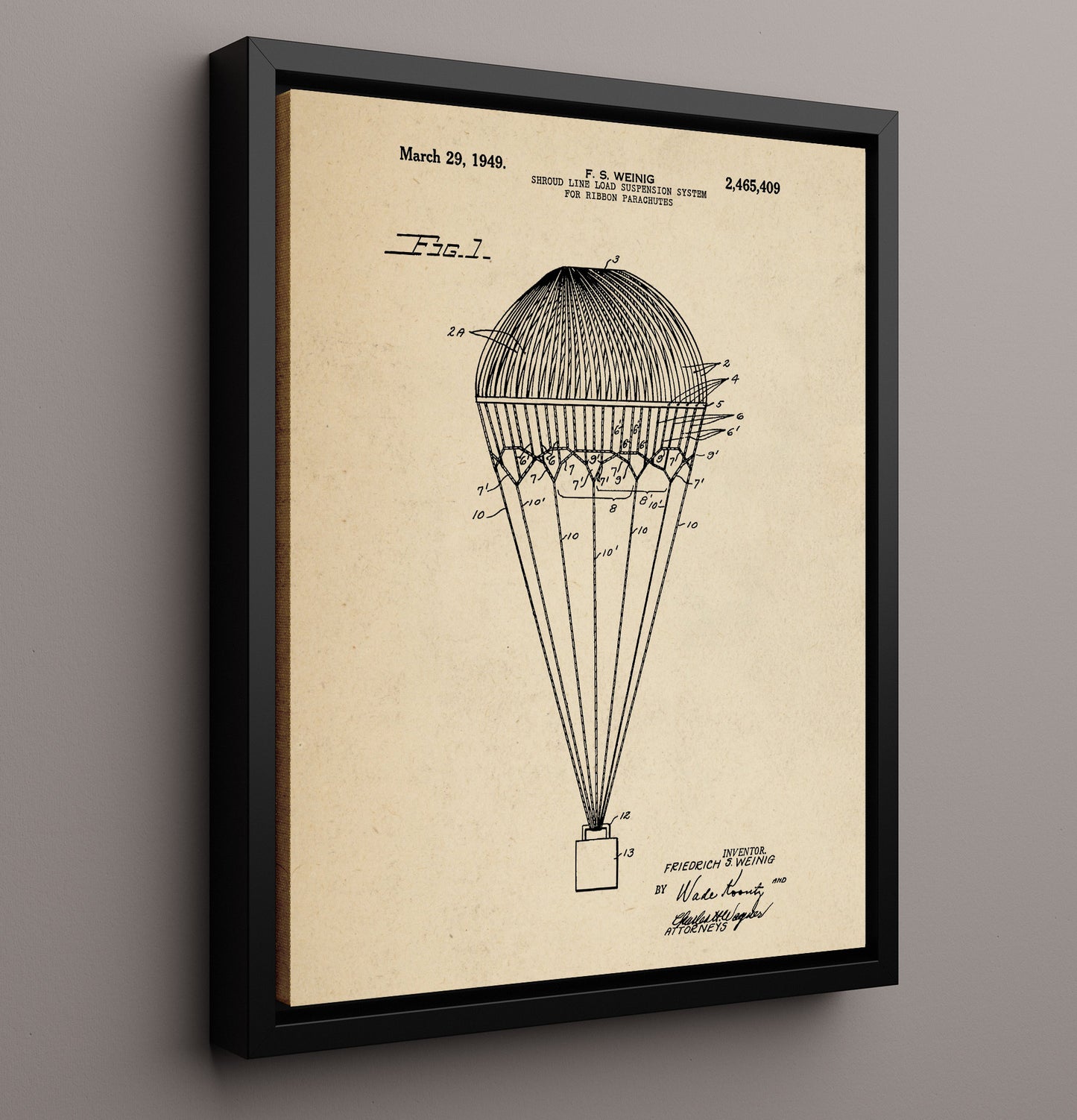 Patent Print - Ribbon Parachute Suspension System - F S Weinig - 1949 - Patent 2465409 Patent Wall Art