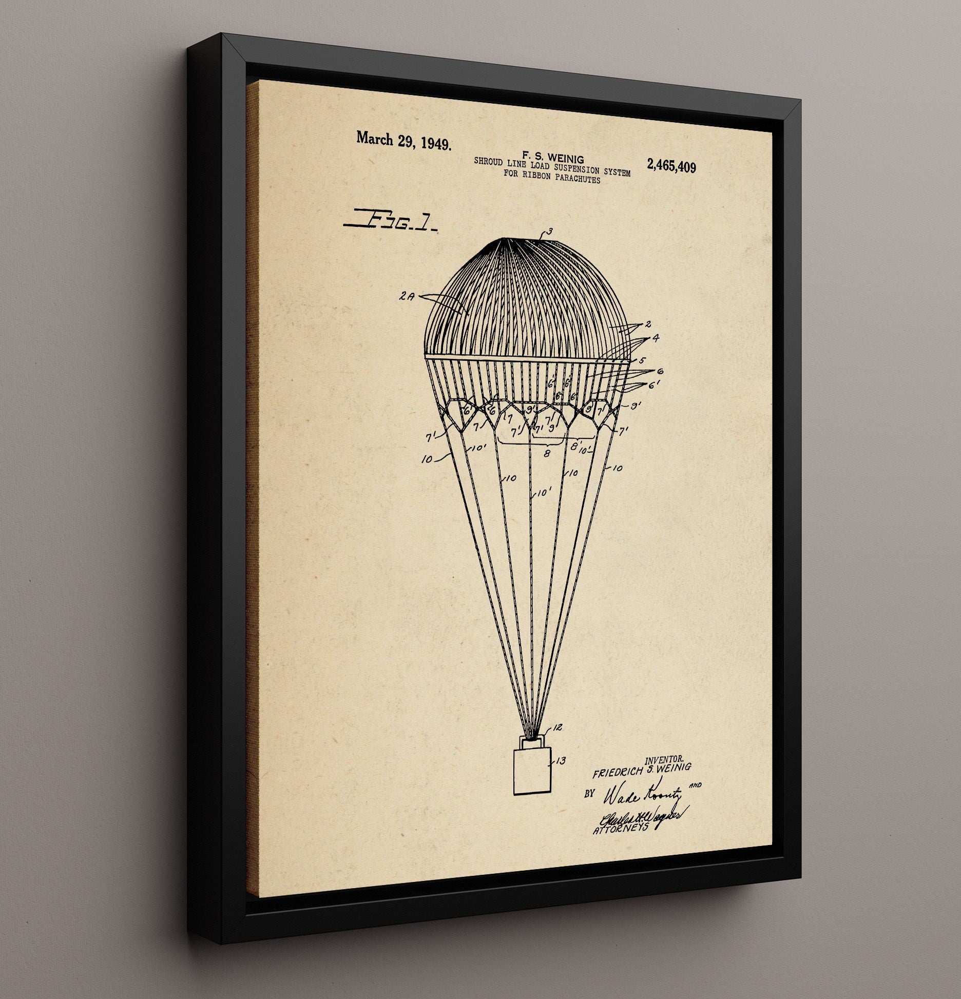 Patent Print - Ribbon Parachute Suspension System - F S Weinig - 1949 - Patent 2465409 Patent Wall Art