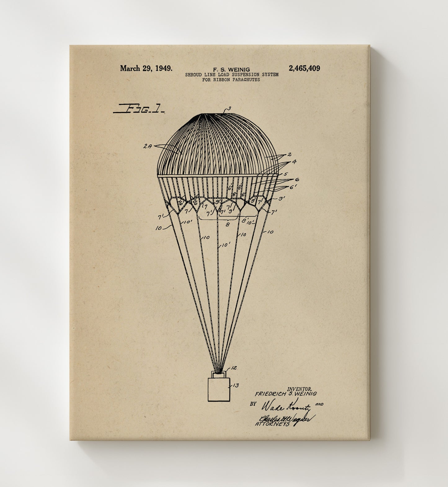 Patent Print - Ribbon Parachute Suspension System - F S Weinig - 1949 - Patent 2465409 Patent Wall Art