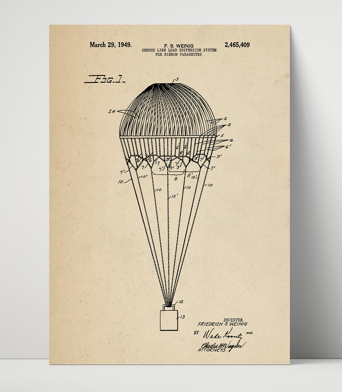 Patent Print - Ribbon Parachute Suspension System - F S Weinig - 1949 - Patent 2465409 Patent Wall Art