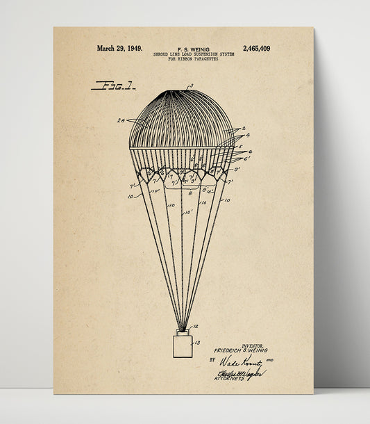 Ribbon Parachute Suspension System - 1949 Patent - 16x20 Unframed Print